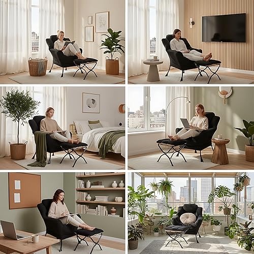 Miniatura 5 de Silla perezosa con otomana, cómoda silla de descanso de tela con almohada lumbar y reposapiés plegable, sofá de lectura para dormitorio, sala de