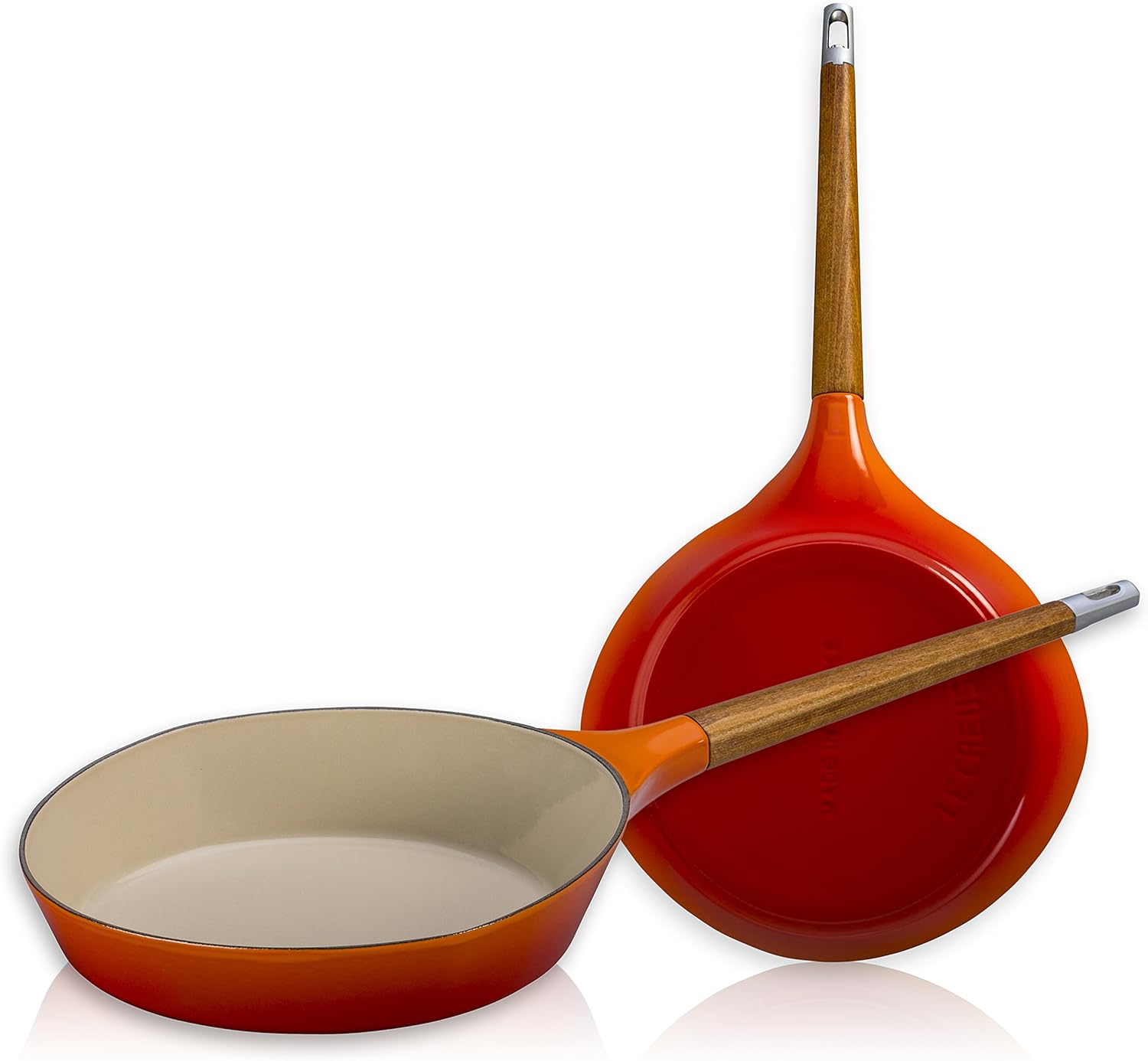 Le Creuset Raymond Loewy Flame Enameled Cast Iron 11 Inch Skillet with Wooden Handle