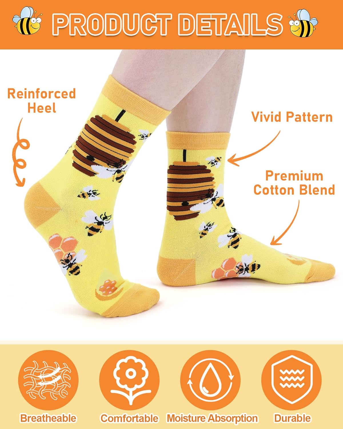 Hotop 6 Pairs Funny Bee Socks for Women Novelty Bee Cotton Crew Socks for Honeybee Lover Christmas Holiday Birthday Gifts - Image 3