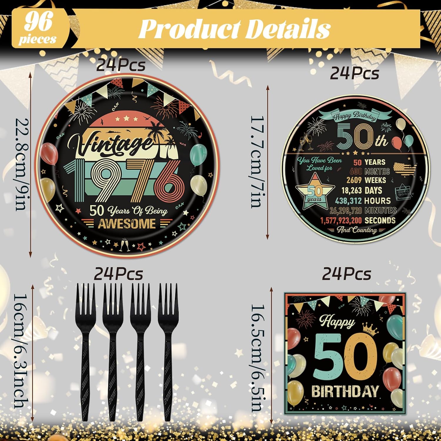 Vintage 50th Birthday Plates and Napkins, 96PCS Back in 1976 Birthday Party Decorations Supplies for Women Men, Colorful Cheers to 50 Years Disposable Tableware Set Serve 24