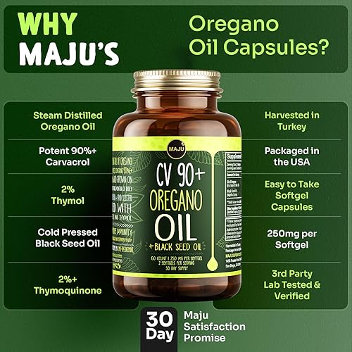 Miniatura 10 de MAJU - Gotas de aceite de orégano, potente 90% + Carvacrol (2 fl oz), aceite esencial mediterráneo silvestre de líquido de orégano, aceite de