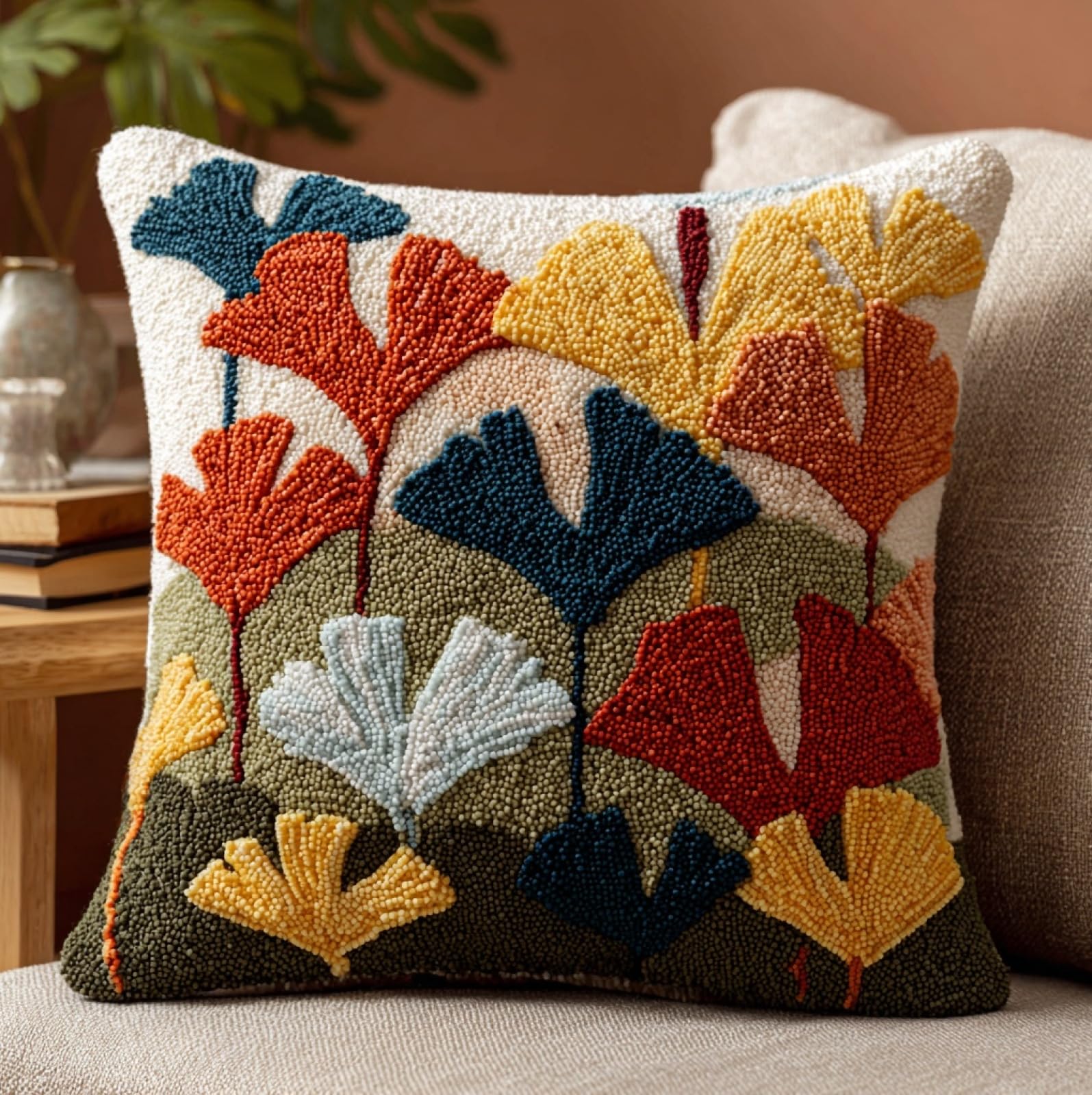 AxiangziK Latch Hook Pillow Making Kit 43x43cm,Ginkgo Leaves Complete Set with Hook Tool & Instructions - Sofa Cushion Cover DIY Craft for Adults