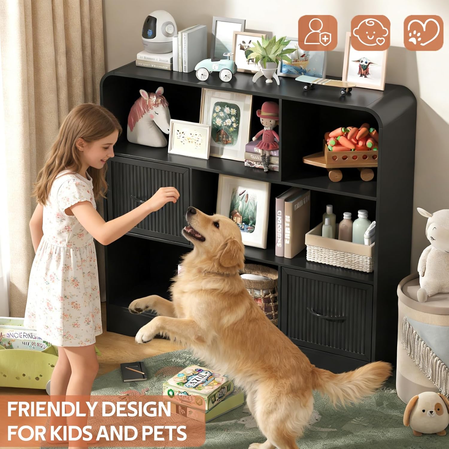 Toy Storage Organizer, 6-Cube Toy Organizer with 2 Fabric Bins, Large Toy Storage Cabinet, Toy Chest Storage for Playroom, Kids Room Nursery, Black