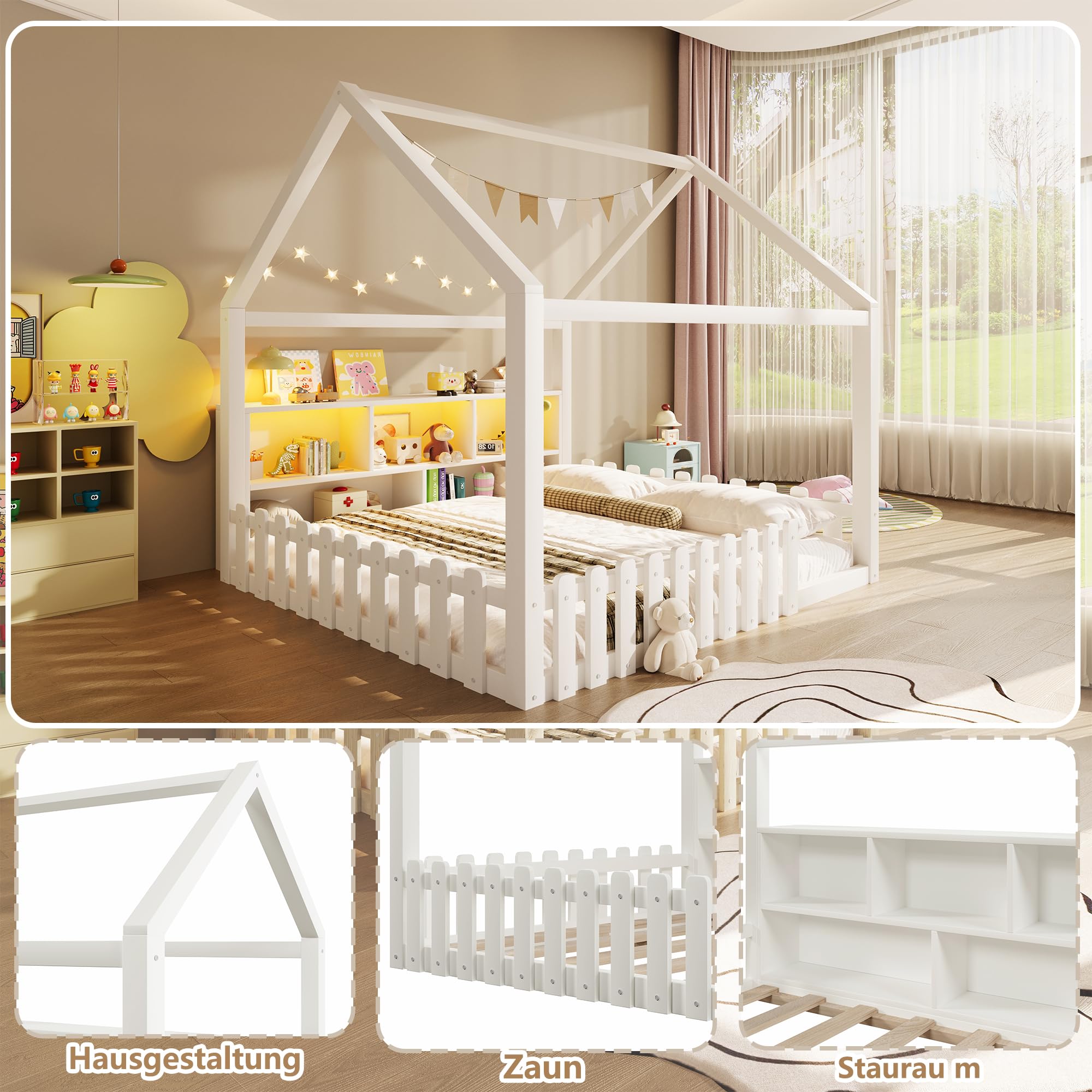Cama Montessori 140x190 con Barrera y Luz LED, Camas Infantiles con Diseño de Casa y Compartimentos Abiertos, Cama Casita Criança Camas Cuna Niño Niña con Listones de Madera, Sin Colchón, Blanco