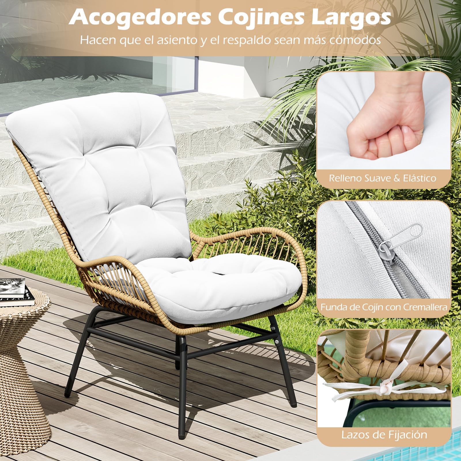 COSTWAY Sillon de Ratan con Cojin, Marco Metálico, Sillones para el Salón, Butaca Dormitorio Jardin Terraza Interior Exterior, 84 x 68 x 87 cm, Carga 180kg, Natural (1)