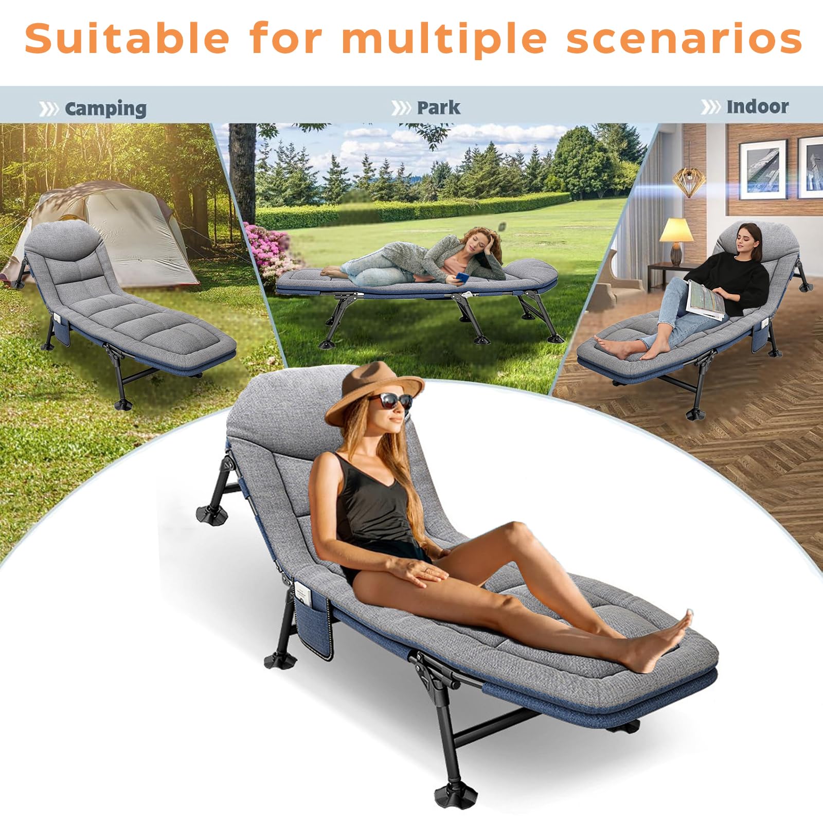 Lit de camp pliable avec poche latérale - Chaise longue de camping avec dossier réglable en 5 positions - Lit pliant pour l'extérieur et l'intérieur - 190 x 65 cm (gris)