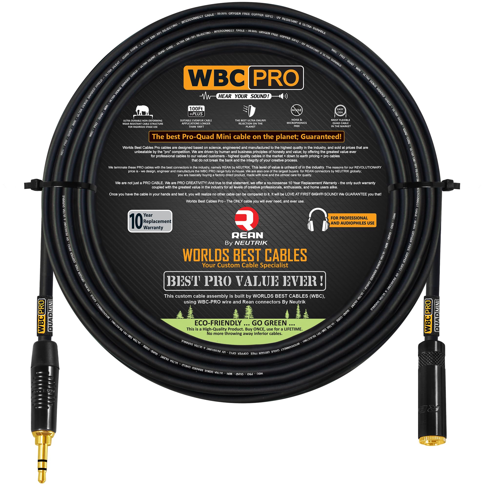 WBC-PRO-Quad-MINI - Cavo ausiliario bilanciato Mini-Star-Quad ultra silenzioso ultra flessibile con connettori Neutrik-Rean da 3,5 mm Gold Mini TRS maschio e femmina
