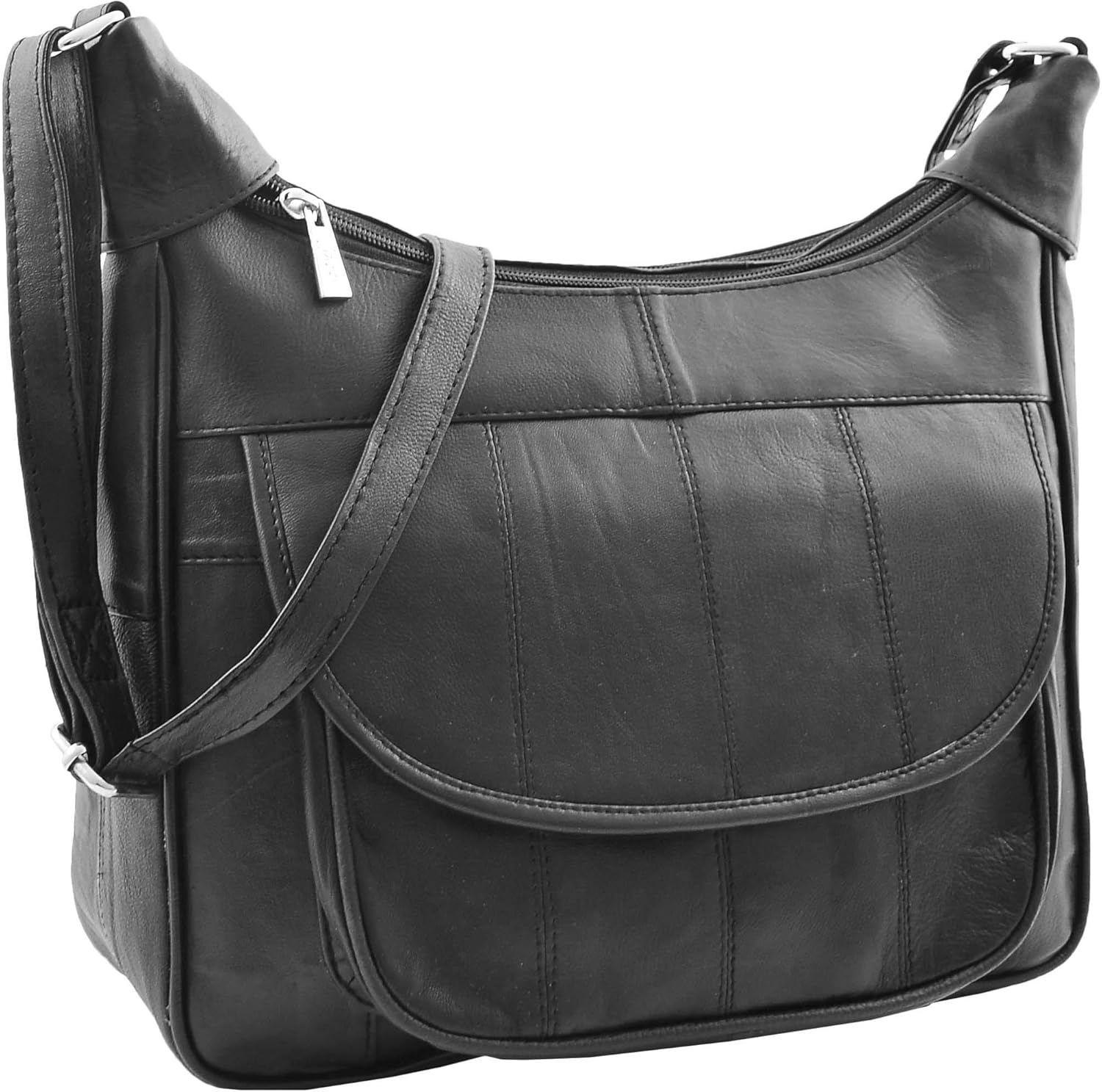 Ladies Soft Black Leather Crossbody Everyday Bag Large Size Multi Zip