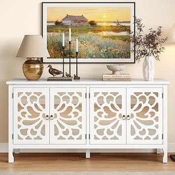 FansaFurn Carved Buffet Cabinet with Mirrored Door for Living Room