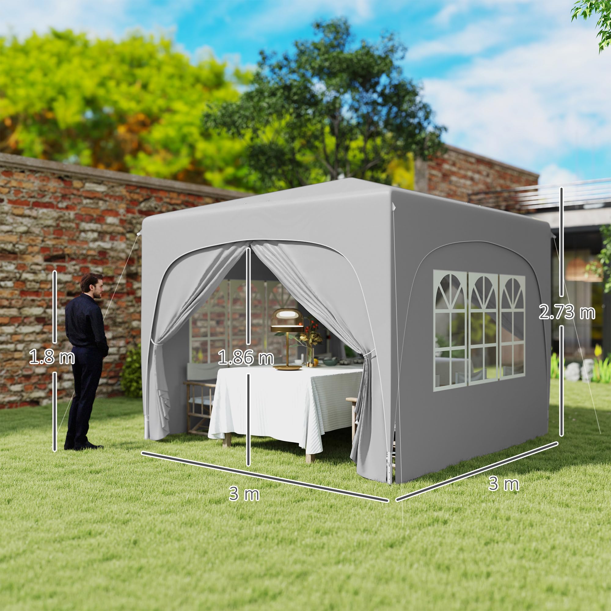 Outsunny Gazebo 3x3 m Pieghevole con Pareti a Rete, Altezza Regolabile e Anti-UV, Gazebo da Giardino Pop Up, Tende per Eventi e Tendoni, Tenda per Giardino, Feste, Campeggio, Grigio Chiaro