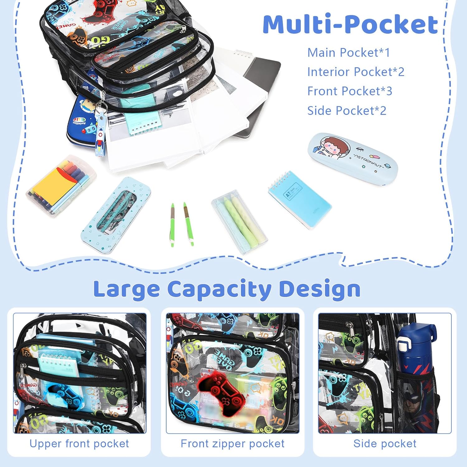 Clear Backpack for Boys - 3 Pcs Game Heavy Duty with Lunch Bag - See Through Backpack Clear Bookbag Stadium Approved for Kids Middle High College School Travel (Black Games) - Image 3