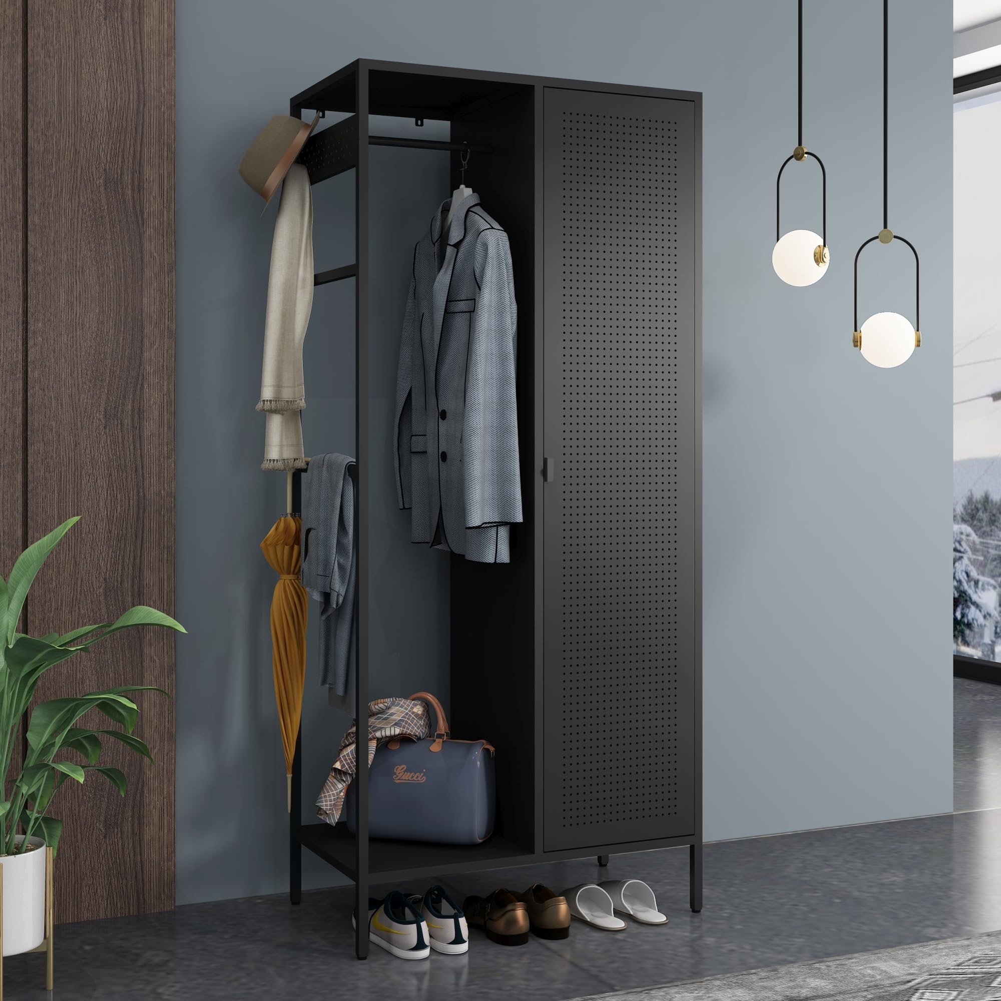 [en.casa] Szafa na ubrania Puumala 180 x 80 x 45 cm, szafa do sypialni, metalowa szafka z 4 półkami i 1 drążkiem na ubrania, metalowa, czarna