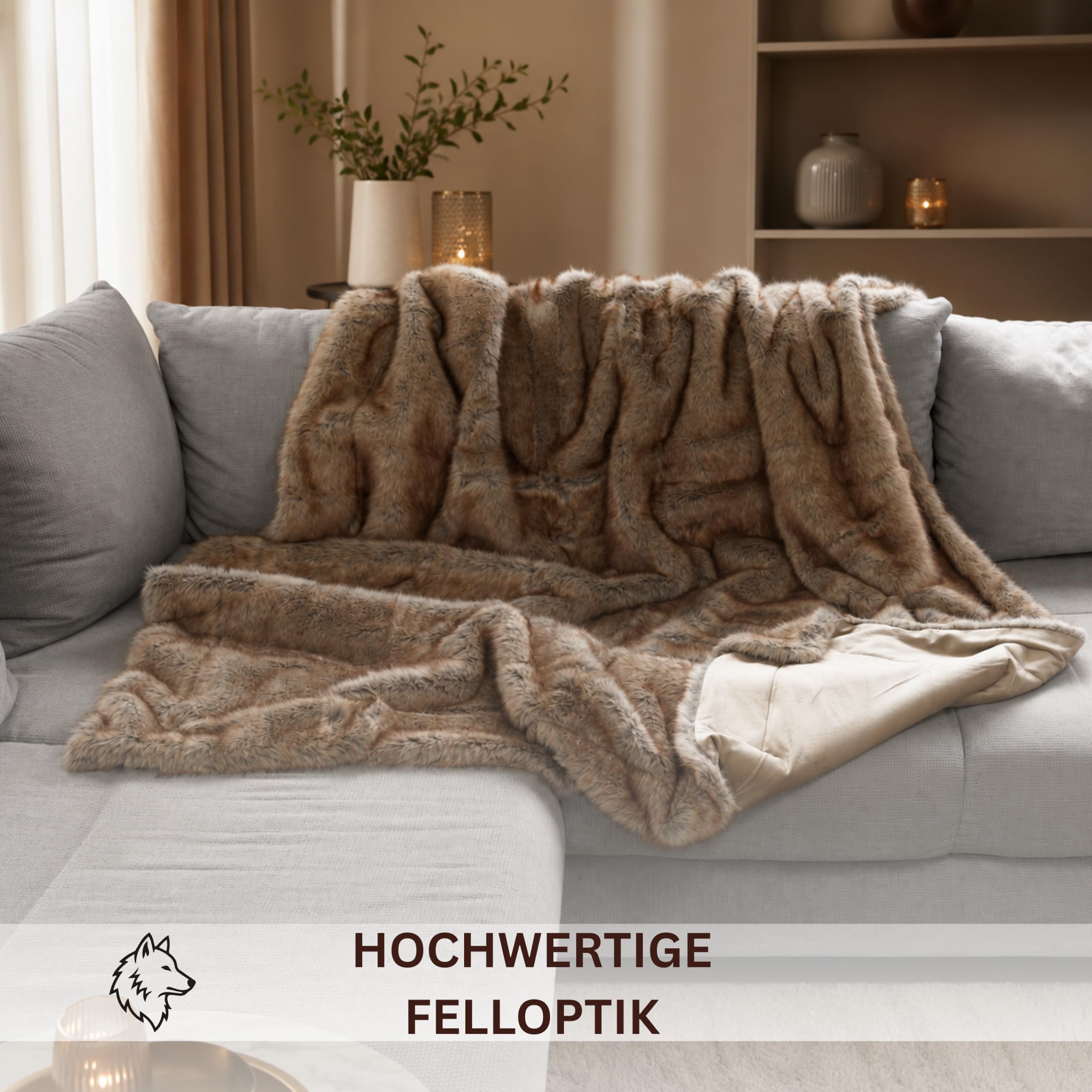 Felldecke, Kuscheldecke Flauschige Pelzdecke, Wendedecke Felloptik, XXL Überwurf für Sofa & Bett, hochwertig rustikale Tagesdecke (Braun/Wolf/Simba, 150 x 200 cm)