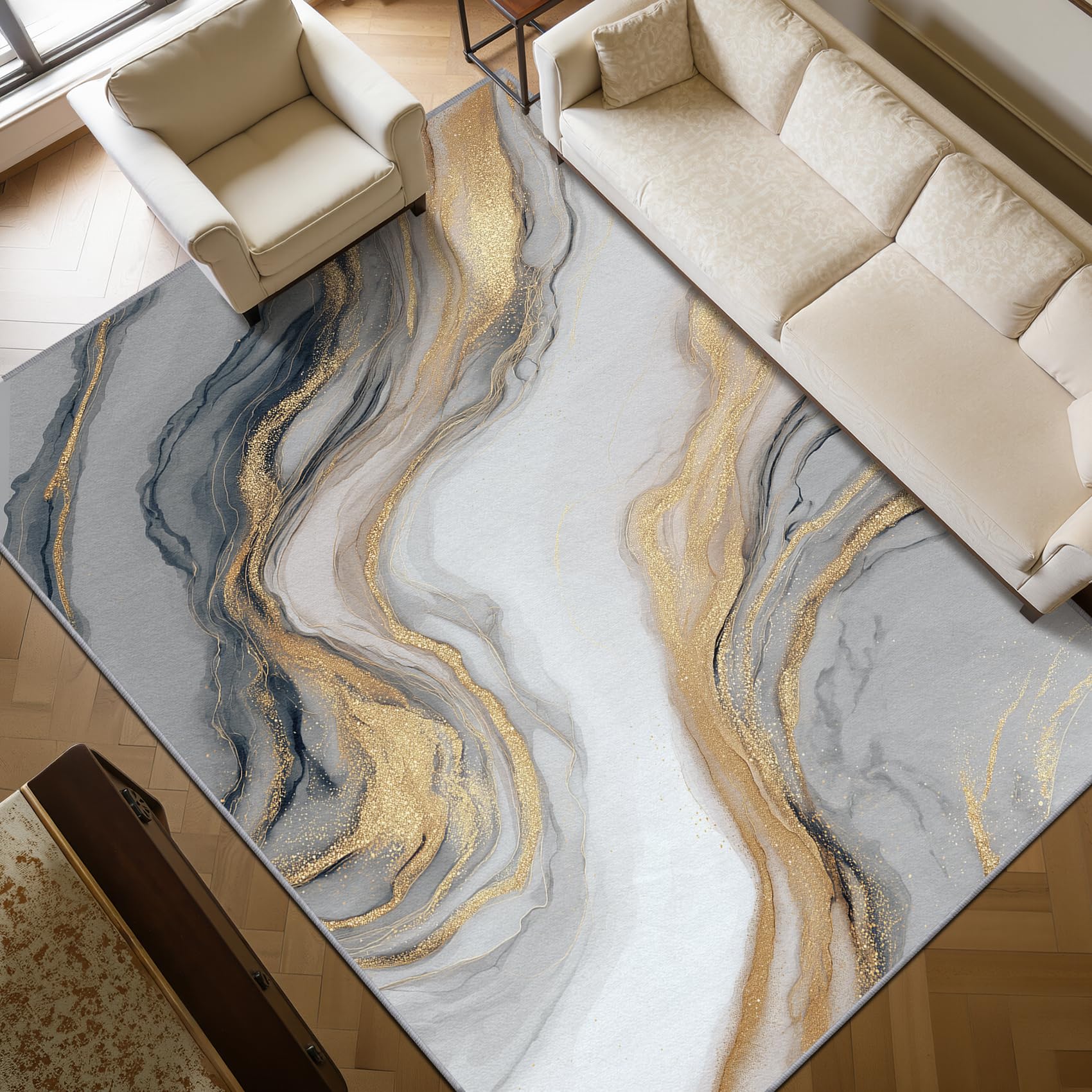 Mistela Grau Gold Marmor Teppich 160x230 cm – Moderne Abstrakte Luxus Waschbarer Rutschfester Kurzflor Teppich für Wohnzimmer Schlafzimmer Esszimmer Büro Eingang in Grau Gold