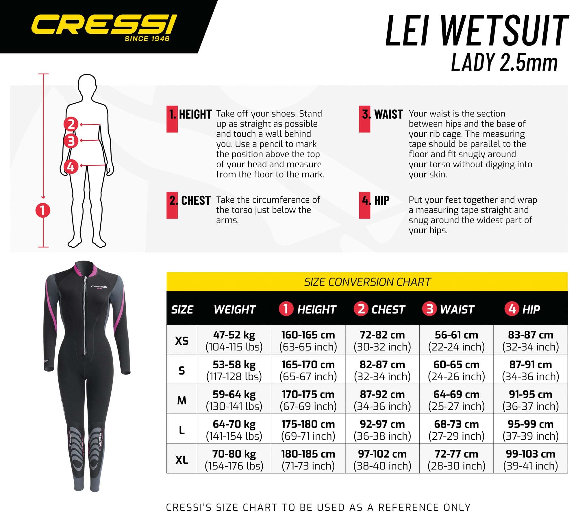Cressi Damen Lei All-in-one Wetsuit Einteiliger Neoprenanzug für Frauen aus Neopren 2,5 mm, Schwarz/Grau/Rosa, L