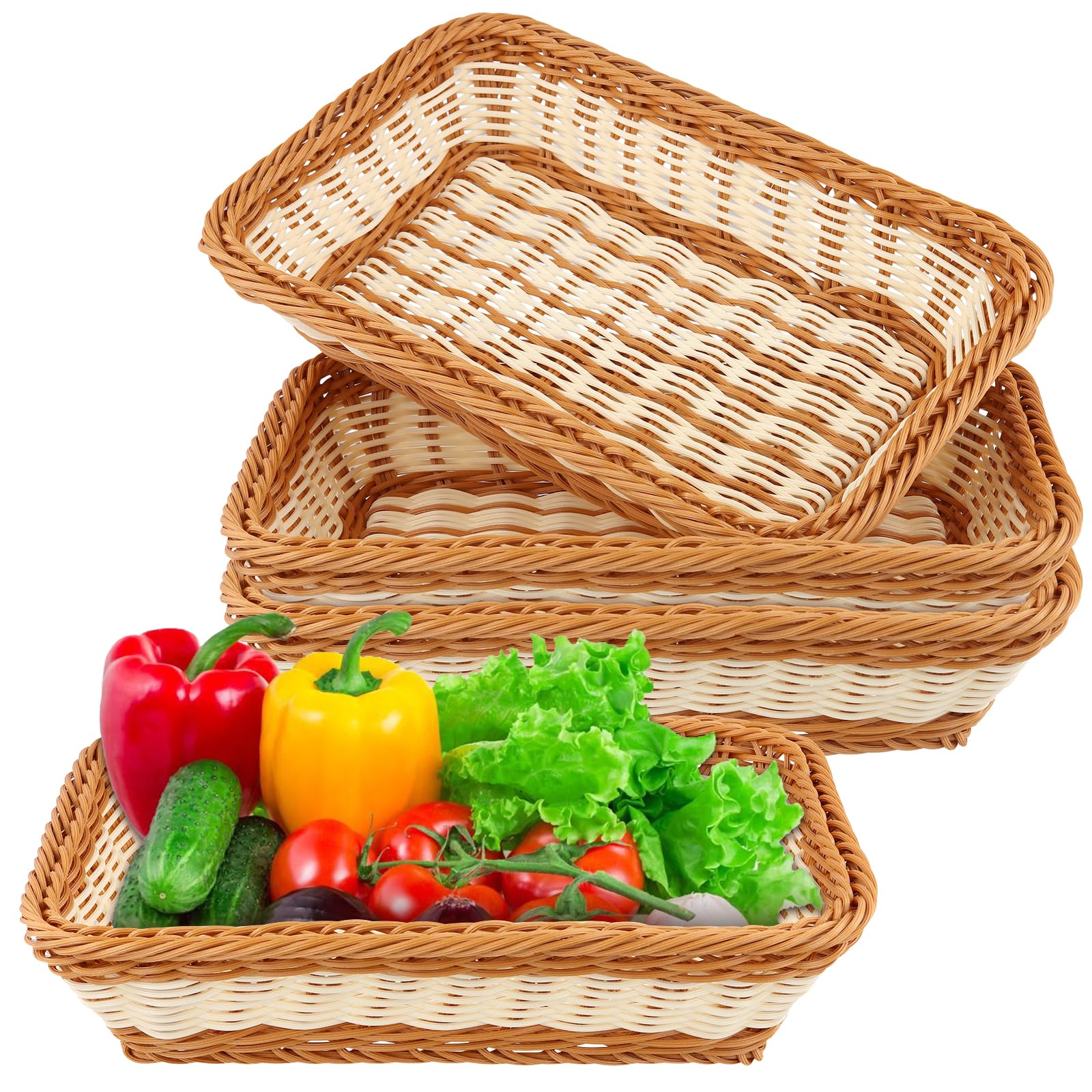 SENJEOK 4 PCS Rectangular Poly Wicker Food Basket, Rattan Woven Serving Basket for Breads, Vegetables, Fruits, 30 x 20 x 7cm