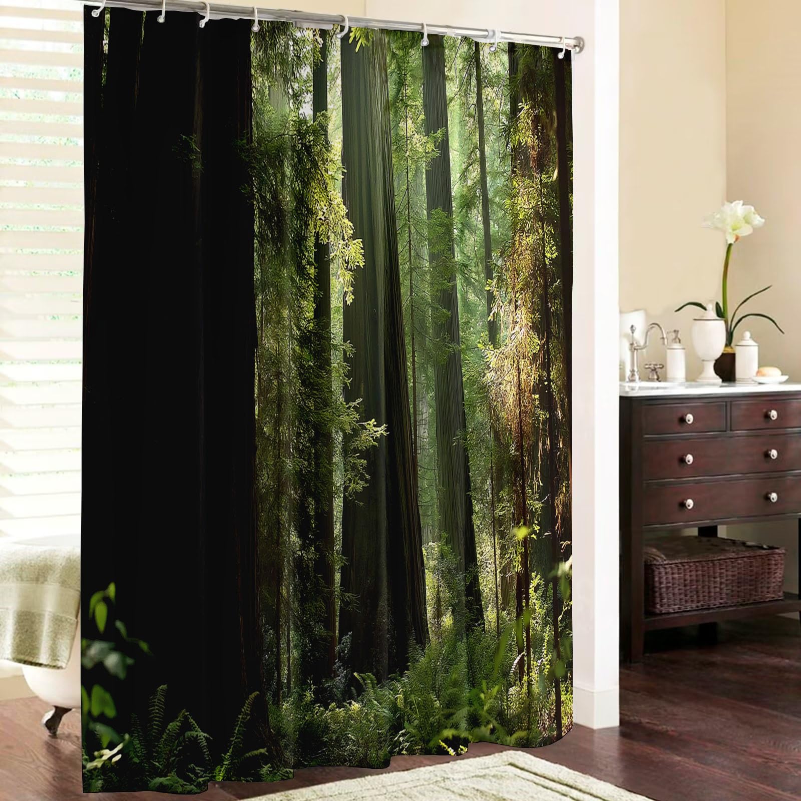 Cortina de Ducha Bosque240x200cm,Tronco Hojas Lavables Cortina de Baño，Poliéster Textil Impermeable Cortina Ducha para Bañera con 12 Ganchos