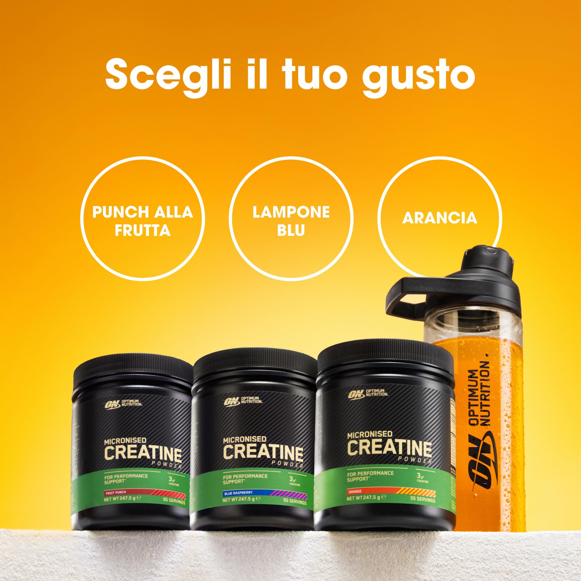 Optimum Nutrition Creatina Micronizzata in Polvere, Gusto Arancia, 247.5g, 55 Porzioni