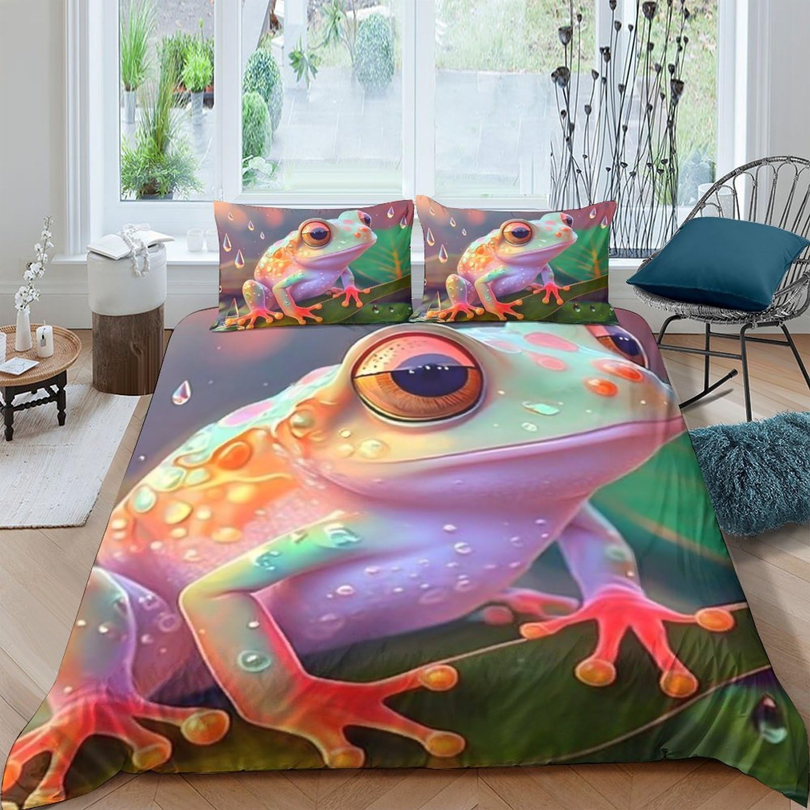 GPLZQXKJNH 3D Printed Colourful Frog Duvet Cover Microfiber Soft Breathable Rainforest Bedding Set with 2 Pillowcases for Bedroom Decor Single（135x200cm）