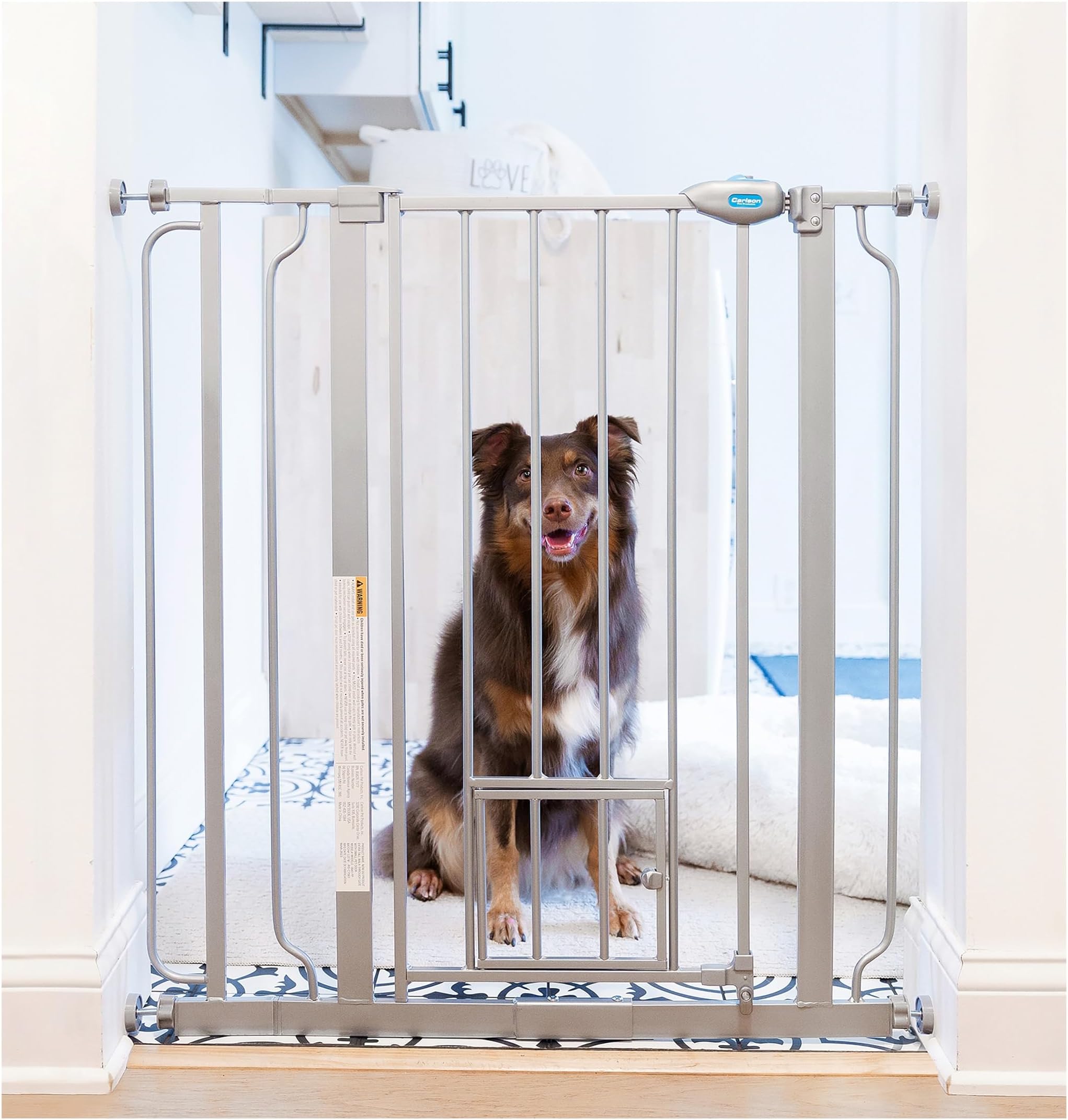 Carlson Pet Products Extra Tall Walk Through Gate With Small Door, Includes 4-Inch Extension Kit, 4 Pack Pressure Mount Kit And 4 Pack Wall Mount Kit, Platinum, Gray