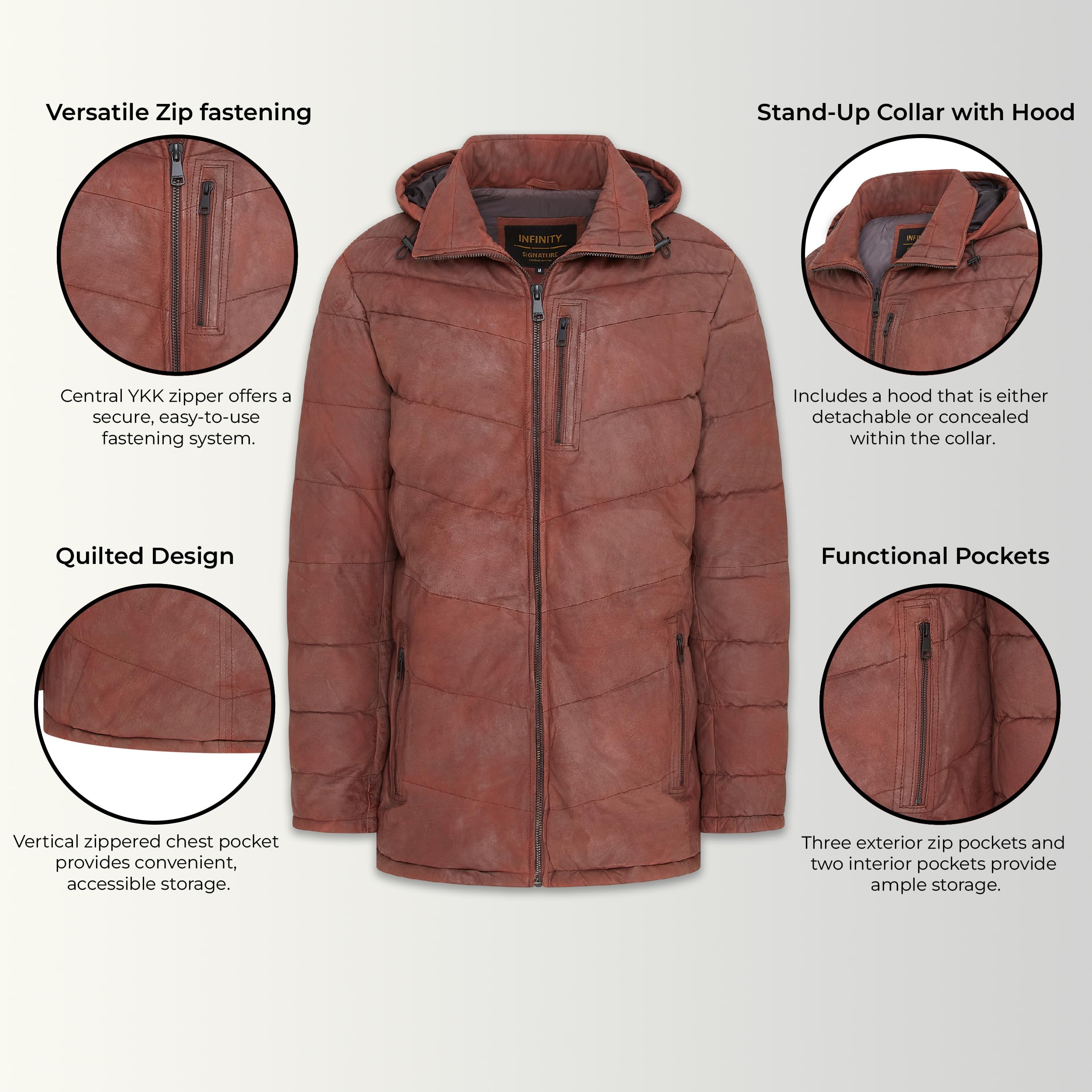Infinity Leather Piumino da Uomo in Vera Pelle di Agnello con Cappuccio – Cappotto Invernale Trapuntato a Zig Zag Caldo Capospalla in Pelle Isolante con Cappuccio Rimovibile e 6 Tasche