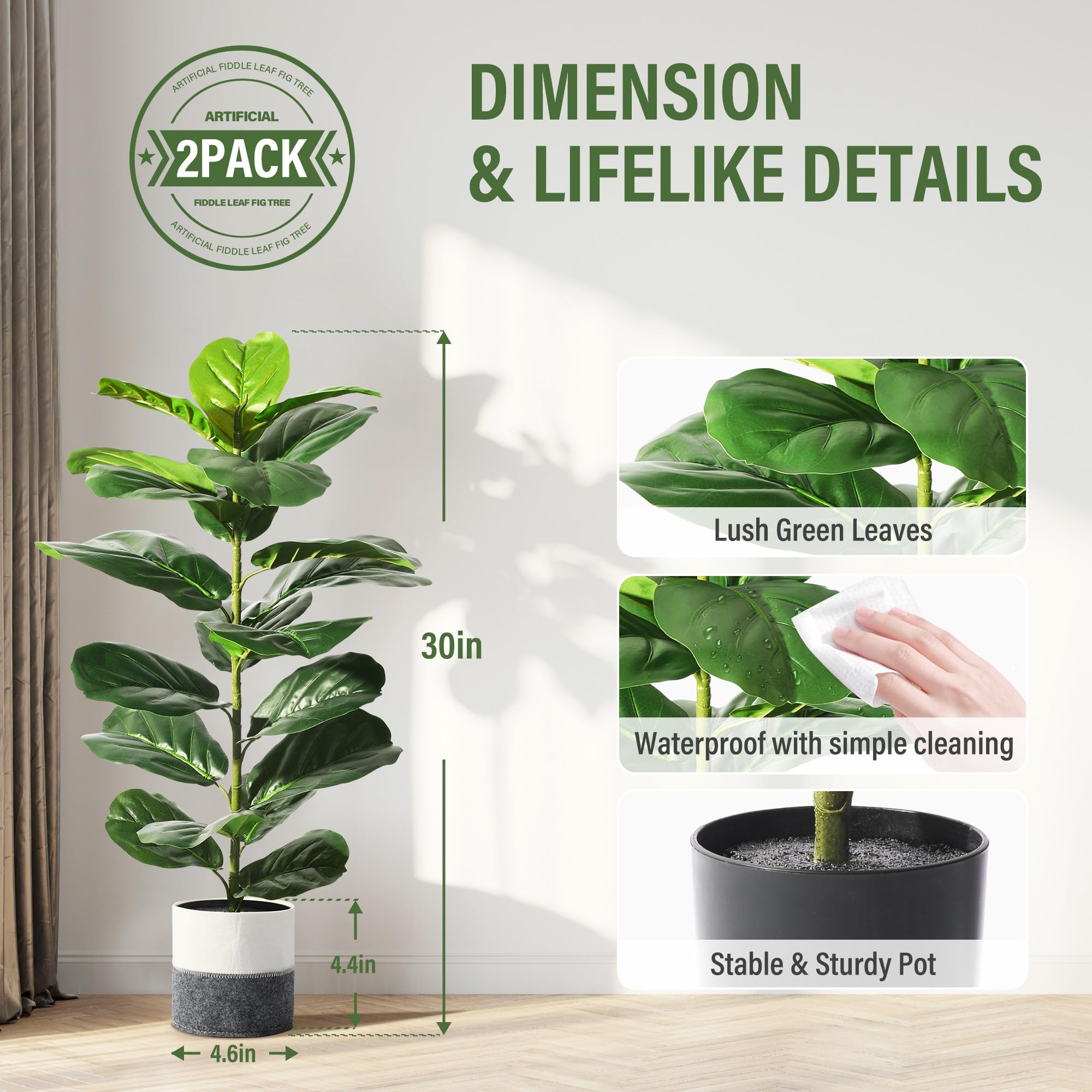 Suntee 2 Pack Artificial Fiddle Leaf Fig Tree, 30