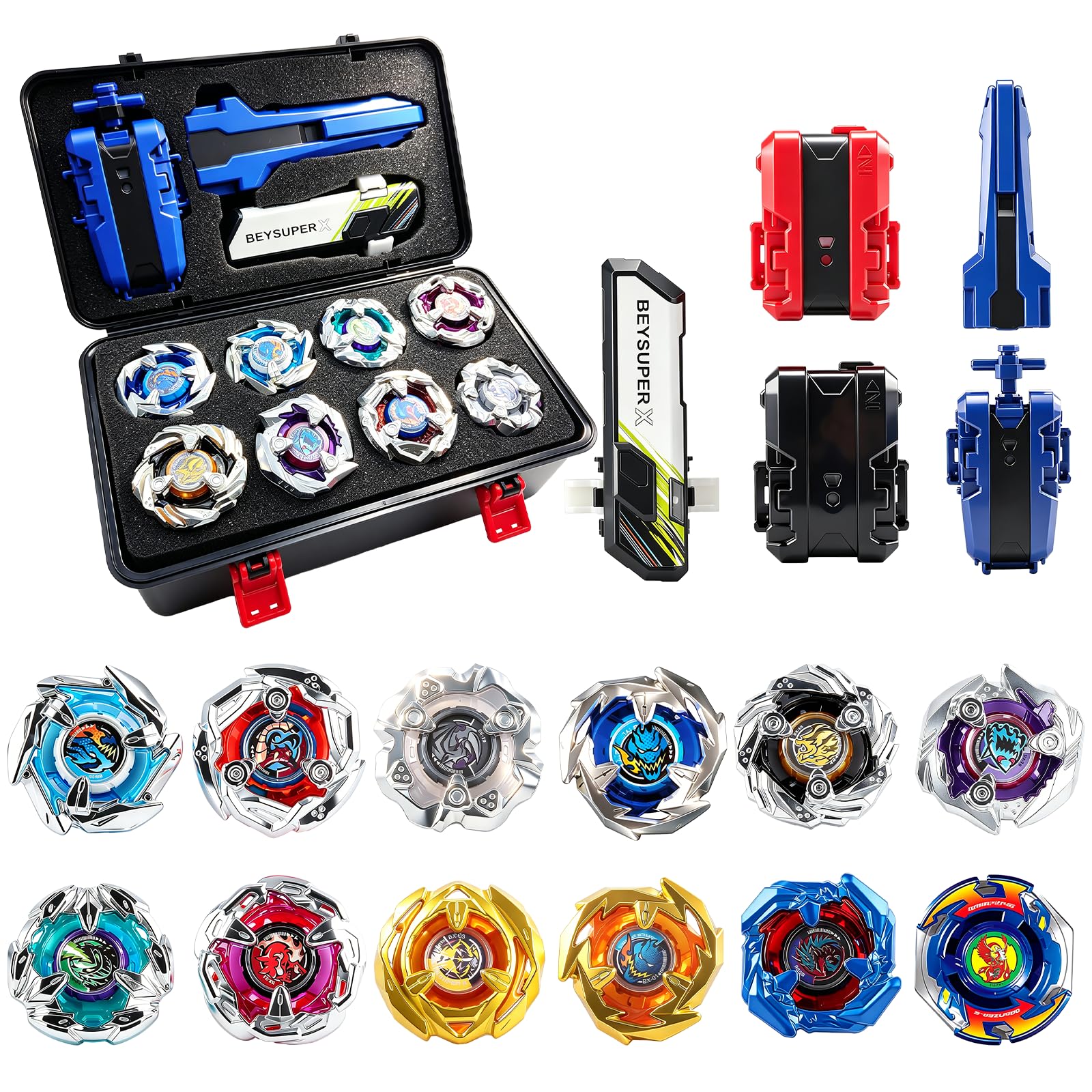 X Battling Set, 12 Spinning Tops, 3 Launchers and 1 Grip with Storage Box, Battling Game Toy Great Gift for 6+ Years Old Boys