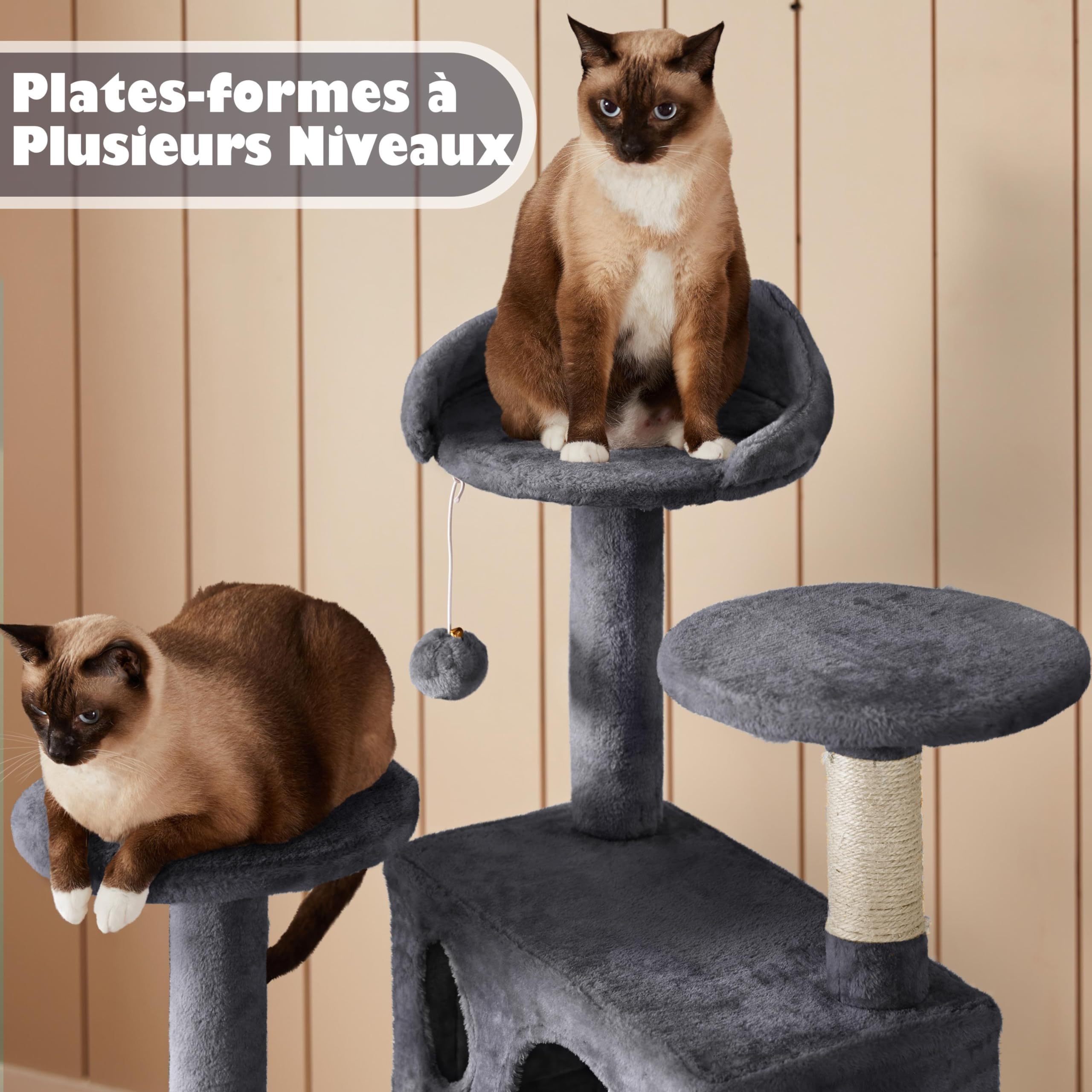 Yaheetech Arbre à Chat 139 cm, Arbre à Grimper avec 2 Niches 3 Plateformes 2 Boules en Sisal Multi-Niveaux Idéal pour 3-4 Chats, Gris Foncé