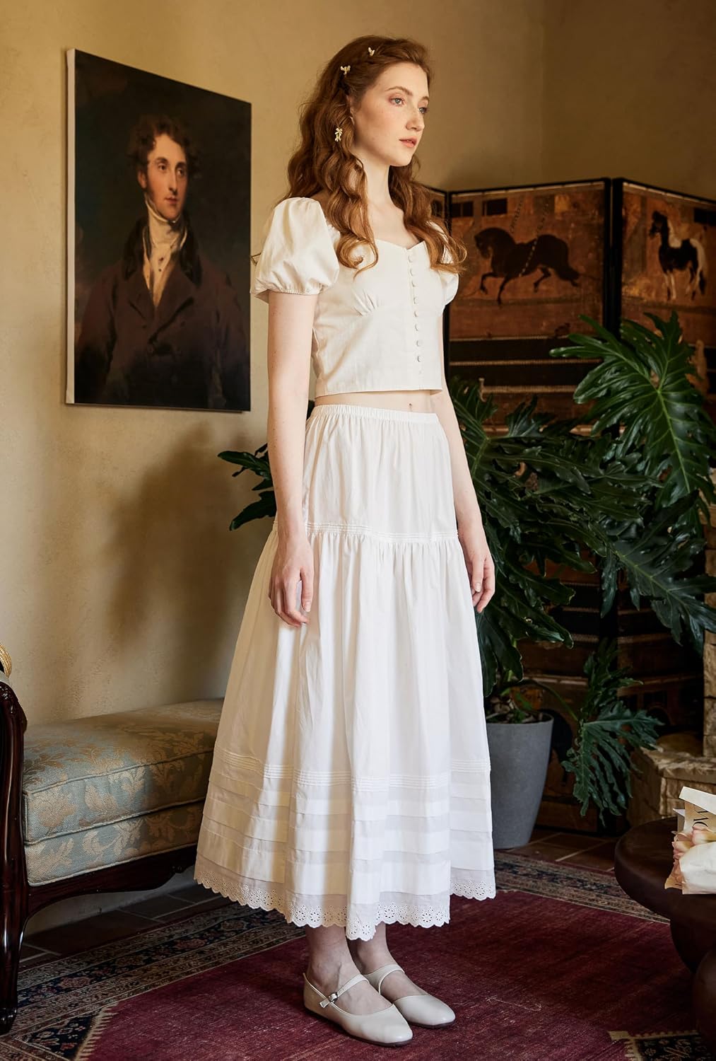 BEAUTELICATE Women's Long White Cotton A-Line Lace Trim Pintuck Tier Skirt