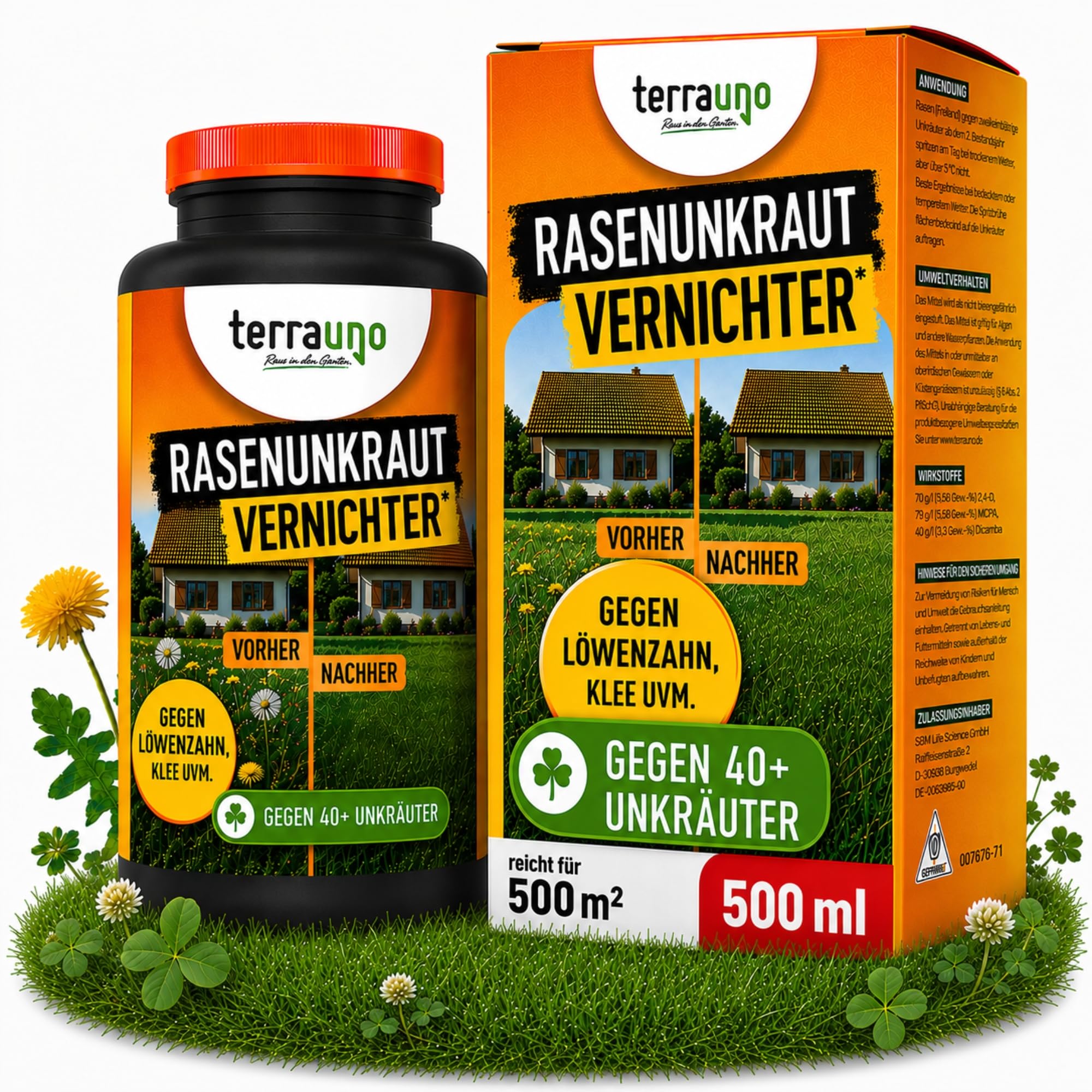 TerraUno Unkrautvernichter Rasen 500 ml, Flüssiges Unkrautvernichtungsmittel extra stark, gegen über 40 Unkräuter, Löwenzahn und Klee Vernichter, Rasenunkrautvernichter mit wurzeltiefer Wirkung