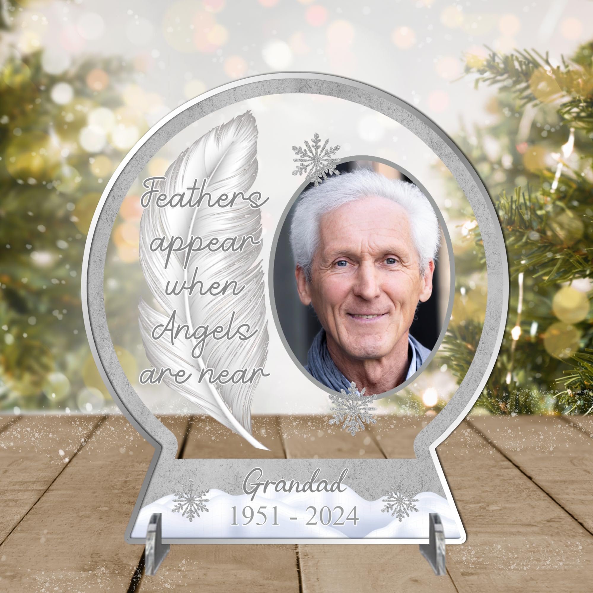 Pixie's Gifts Personalised 'Feathers Appear When Angels Are Near' Acrylic Freestanding Photo Plaque for Bereavement Remembrance of Loved Ones in Heaven (Grey)