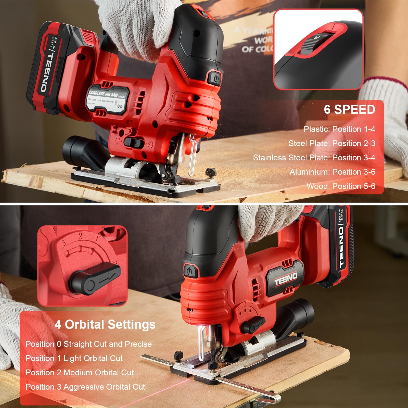 Makita 20V 4.0Ah Sierra de Calar Inalámbrica, 800-3000 SPM, Corte ±45°, 6 Velocidades, LED, para Madera Metal Plástico