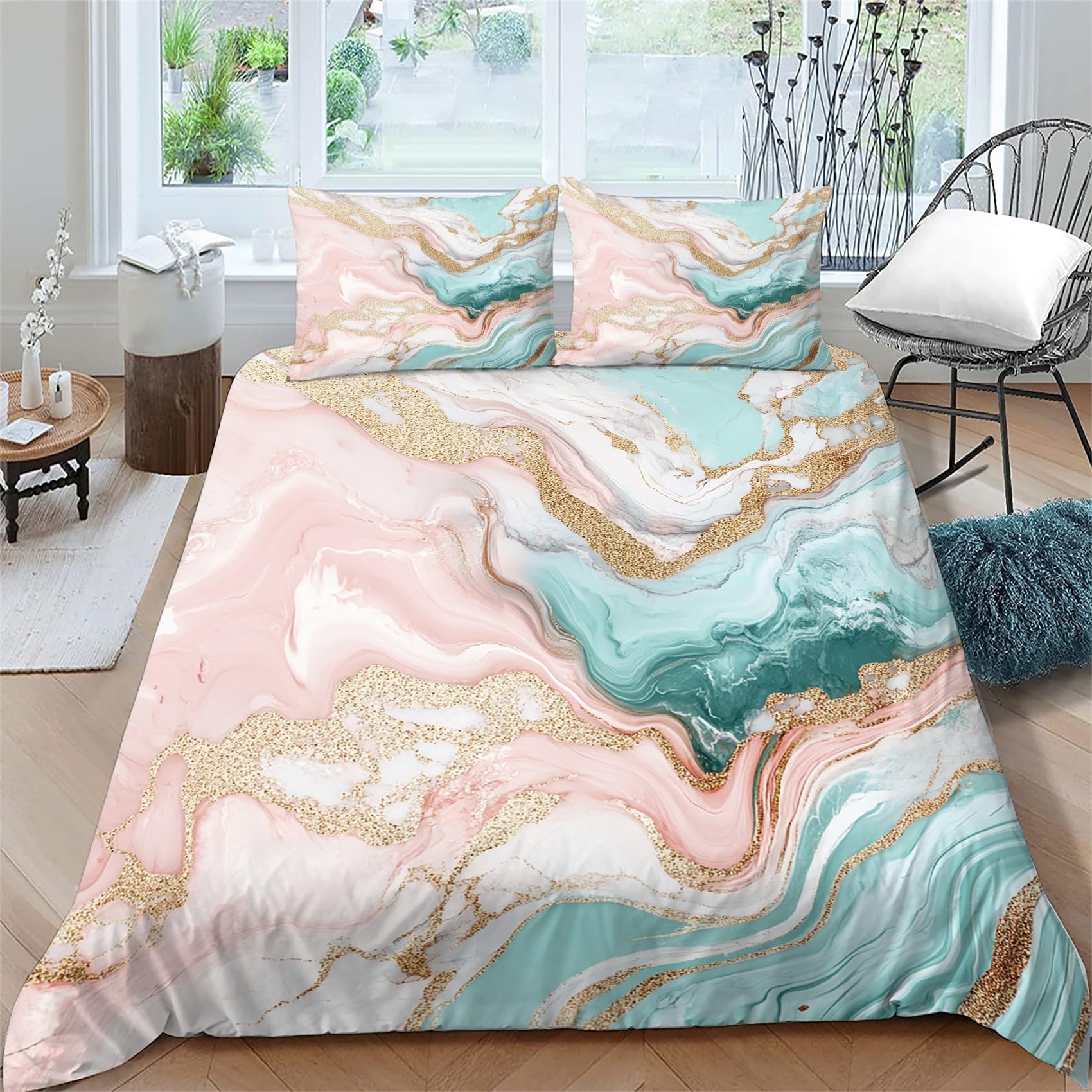 Parure de lit 140x200 rose marbré avec fermeture éclair pratique