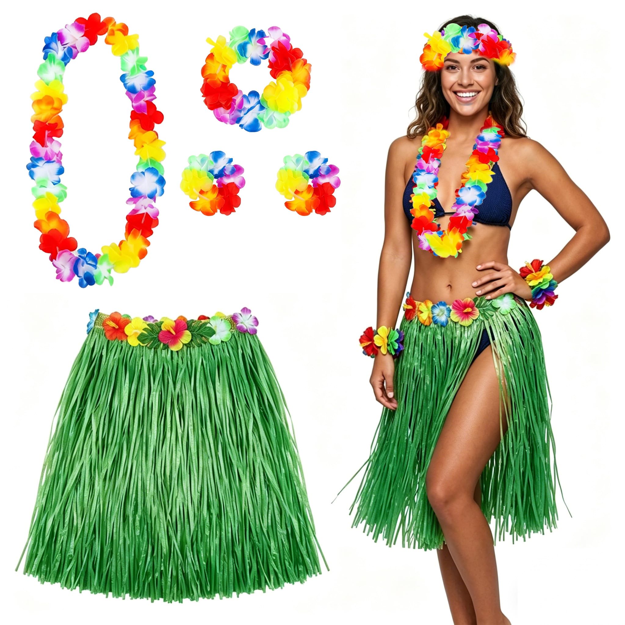 XURISON 5Pcs Hawaiian Fancy Dress Set,Hawaiian Garland,Hawaii Accessories Garlands Outfit Bracelet Necklace,Hula Skirt,Grass Skirts Costume,Beach Party Fancy Dress Caribbean,Flower Hawaii Leis