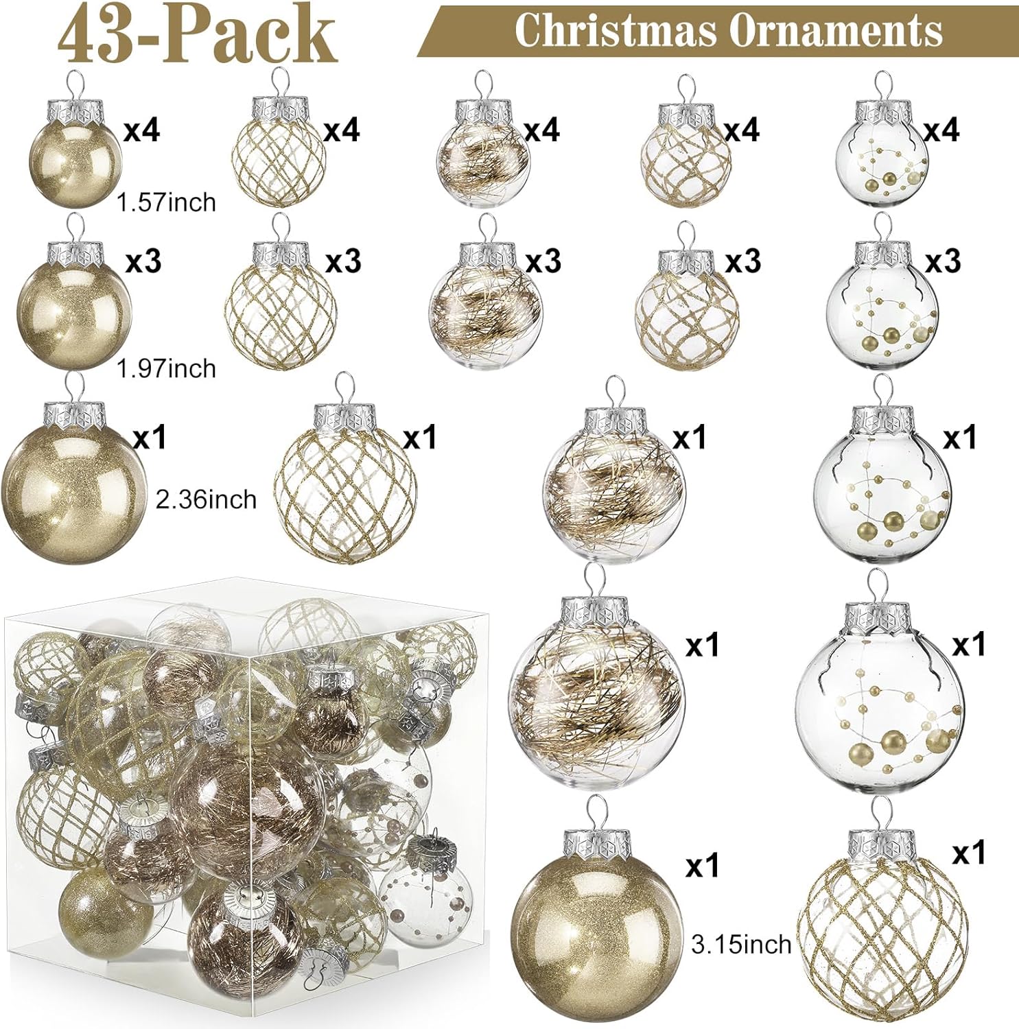 Civaner 4 Sizes 43 Pcs Champagne Christmas Clear Ball Ornaments Set Shatterproof Plastic Glitter Hanging Decorative Balls Decor Christmas Baubles for Valentine's Day Holiday 2026 New Year Decors - Image 2