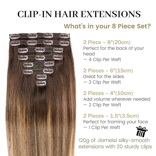 Miniatura 10 de Extensiones de cabello humano real, 4.23 oz, 8 piezas engrosadas y sedosas rectas con clip, 18 pulgadas, #1 negro azabache doble trama