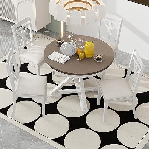 P PURLOVE 5 Pieces Dining Table Set Round Kitchen Extendable Dining Table with 4 Wood Chairs for Dining Room, Chair with Cushion, Bistro Table Set, Brown and Antique White