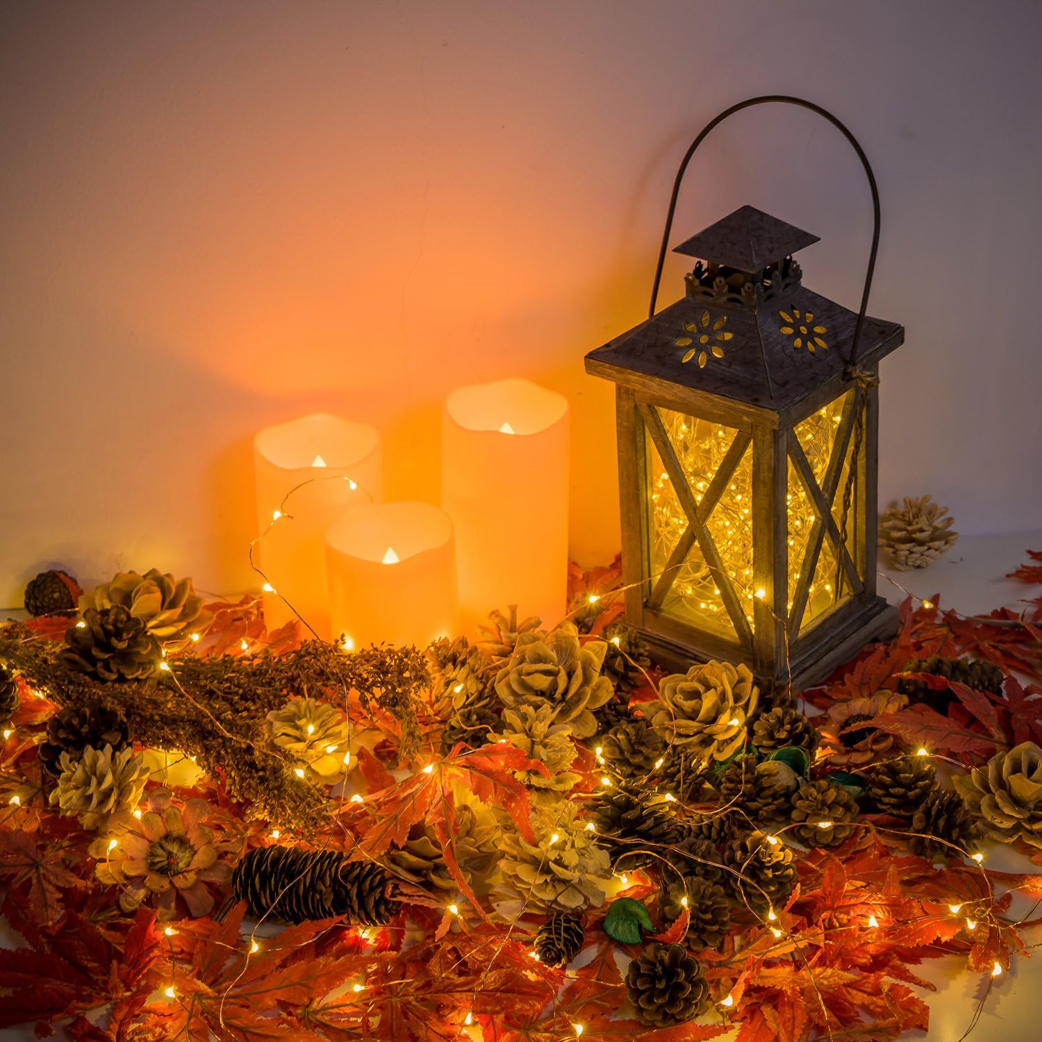 Oak Leaf Twinkle Lights Battery Operated 19.7ft 60-LED String Lights Fairy Lights with Remote, Waterproof, Warm White, 3-Set.