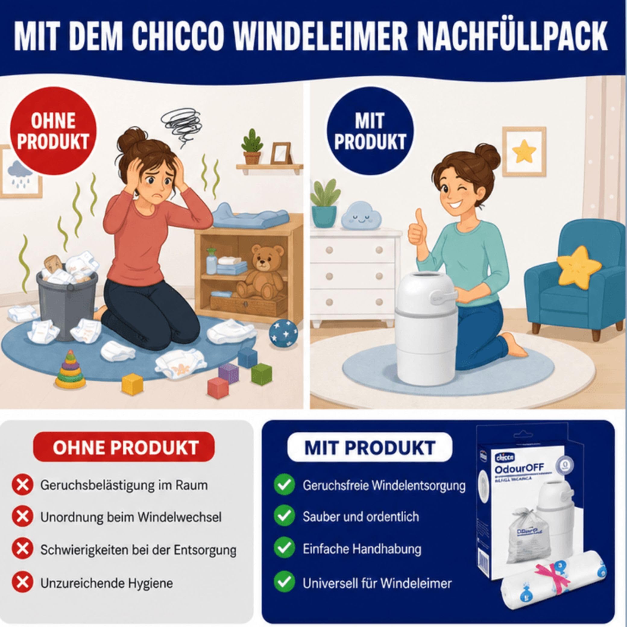 Chicco Windeleimer Nachfüllpack & Windel Blaubaer | geruchsdichte & auslaufsichere Beutel | Für saubere und geruchsfreie Wickelbereiche | Nachfüllkassette, Nachfüllfolie für Windeleimer
