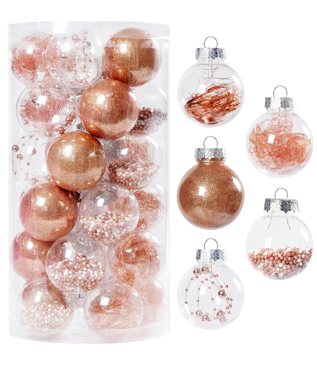 SinLaw Adornos para el árbol de Navidad, 30 Piezas de Adornos para el árbol de Navidad, Juego de Adornos de Navidad de plástico con Percha inastillable (Oro Rosa)