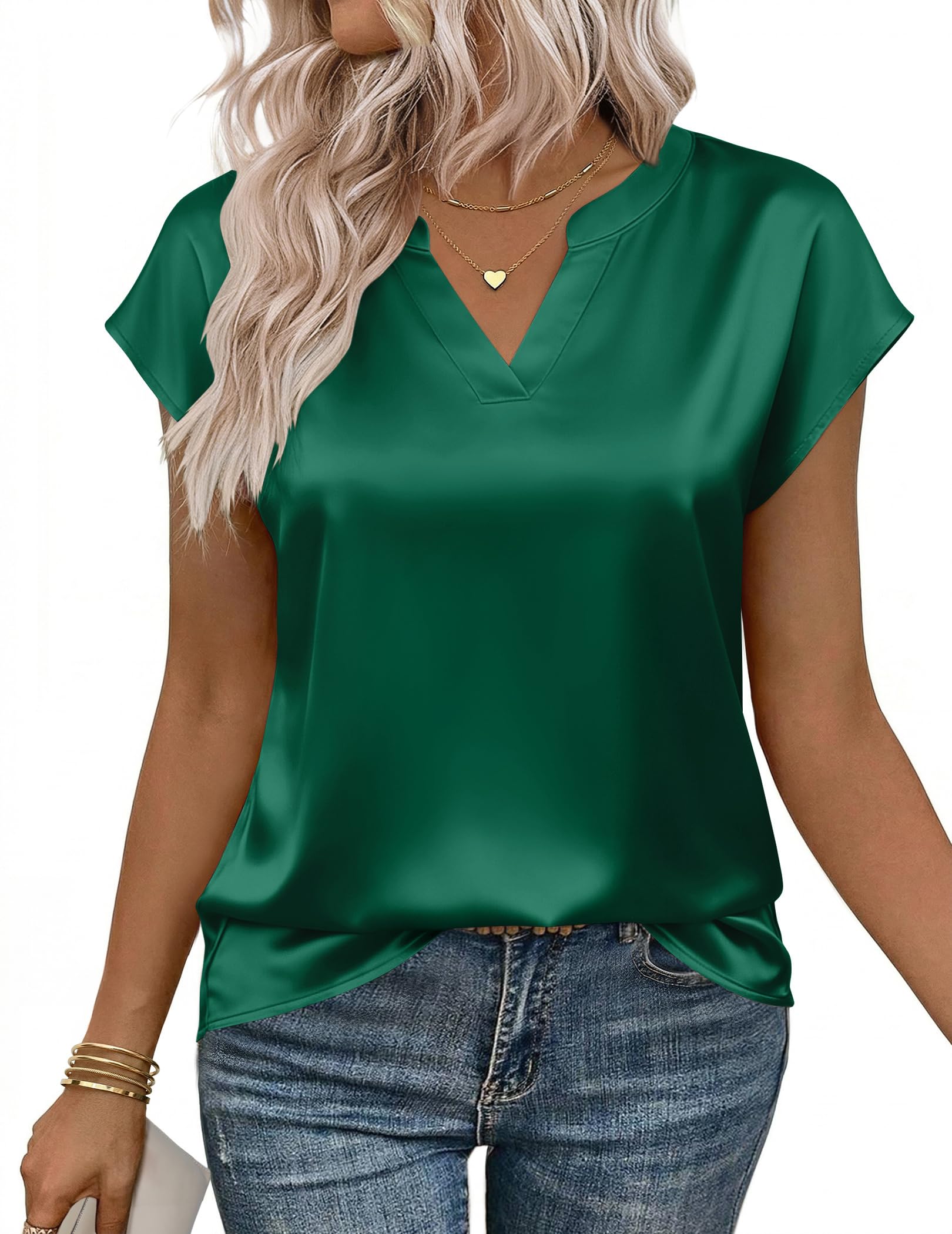 Zeagoo Women Tops Silk Satin Blouses V Neck Summer Shirts Cap Sleeve Business Casual Dressy Spring Clothing — view 17