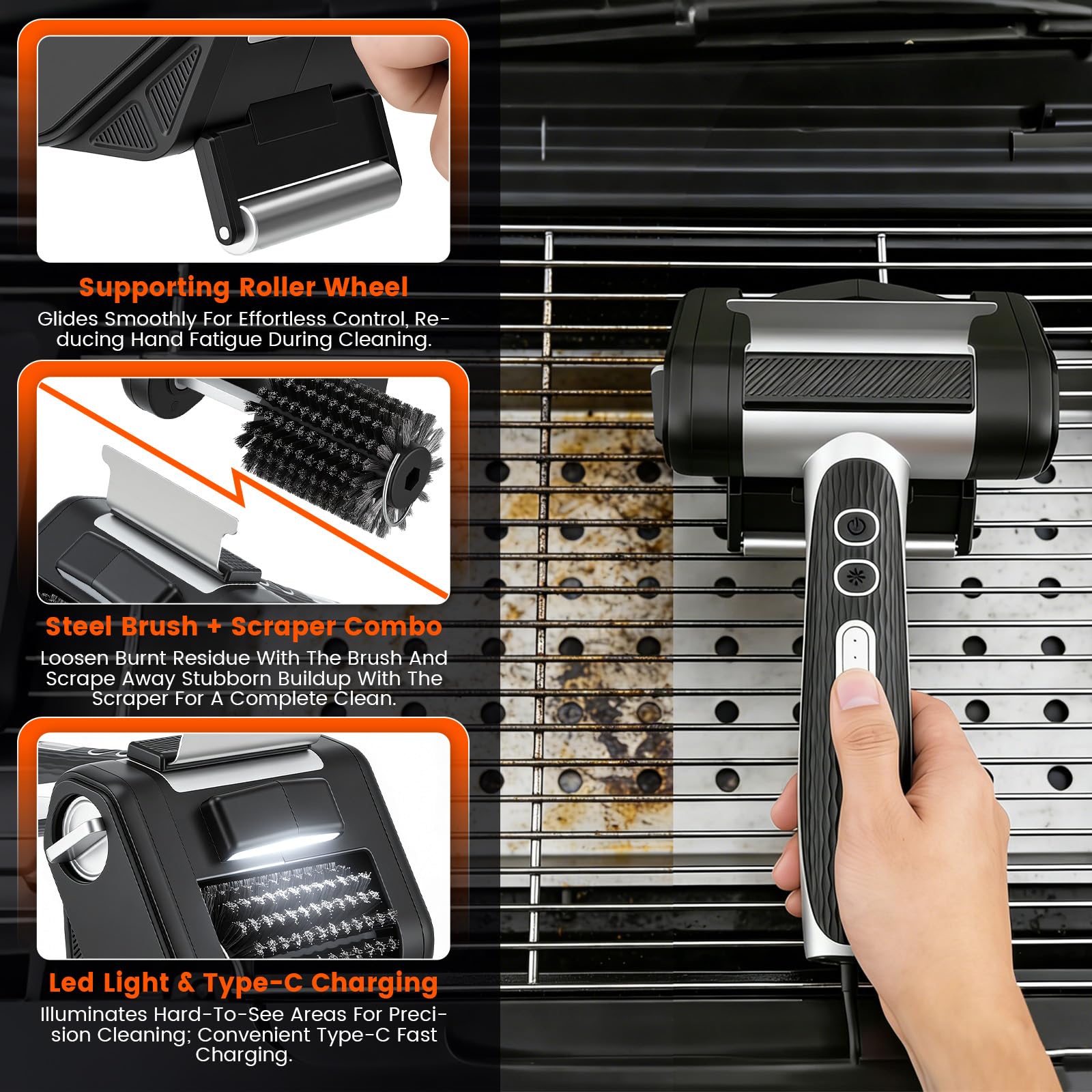 Brosse Électrique pour Barbecue, Brosse Nettoyage de Gril sans Fil 450 TR/Min avec LED, Rouleau en Acier Inoxydable 304, Batterie 4000 mAh 3-4 Heures, Accessoire Barbecue pour Tous Types de Grilles