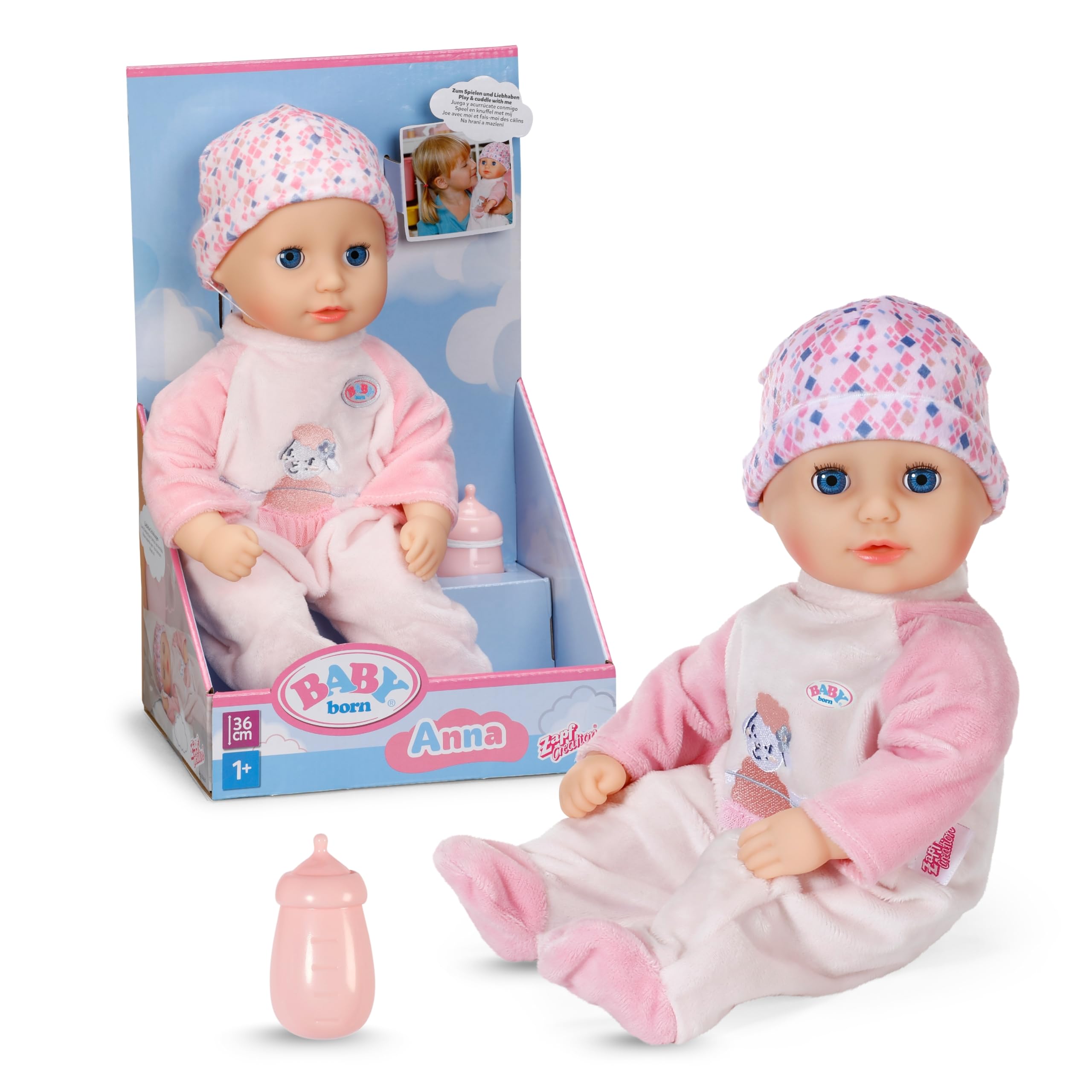 BABY born Anna Rose, soft 36cm baby doll with fabric body, with pink romper and sleeping eyes, incl. bottle