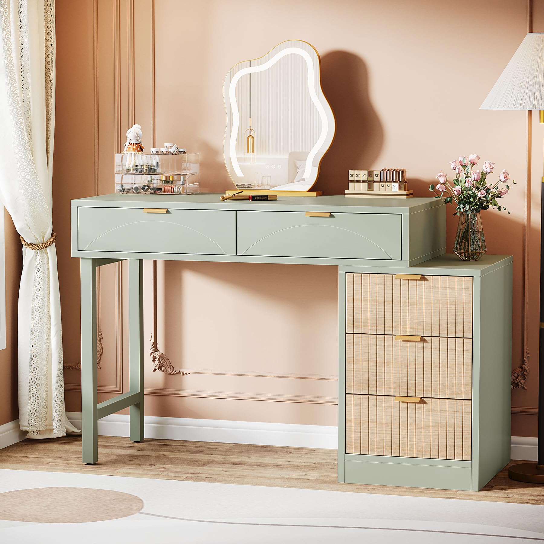 Tribesigns Makeup Vanity Desk with 5 Drawers, Modern Small Dressing Desk with Storage, Wood Make Up Table for Bedroom, Narrow Space (Without Mirror), Mint Green : Tools & Home Improvement