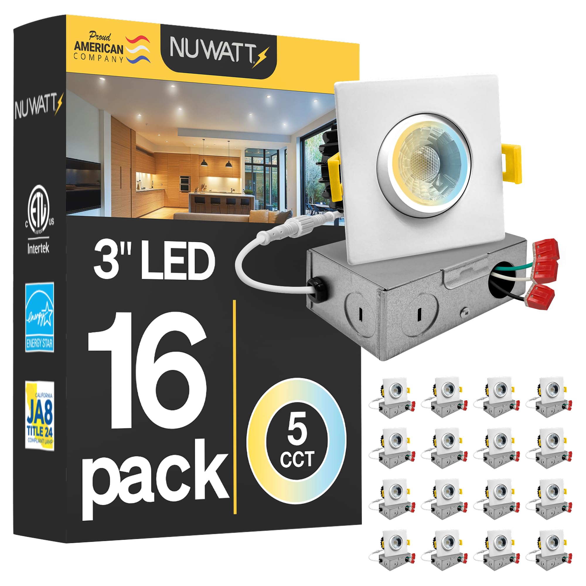 NUWATT 16 Pack 3 Inch Square Adjustable LED Recessed Lights, Gimbal Recessed Lighting, Dimmable Canless Downlight 5CT 2700K/3000K/3500K/4000K/5000K