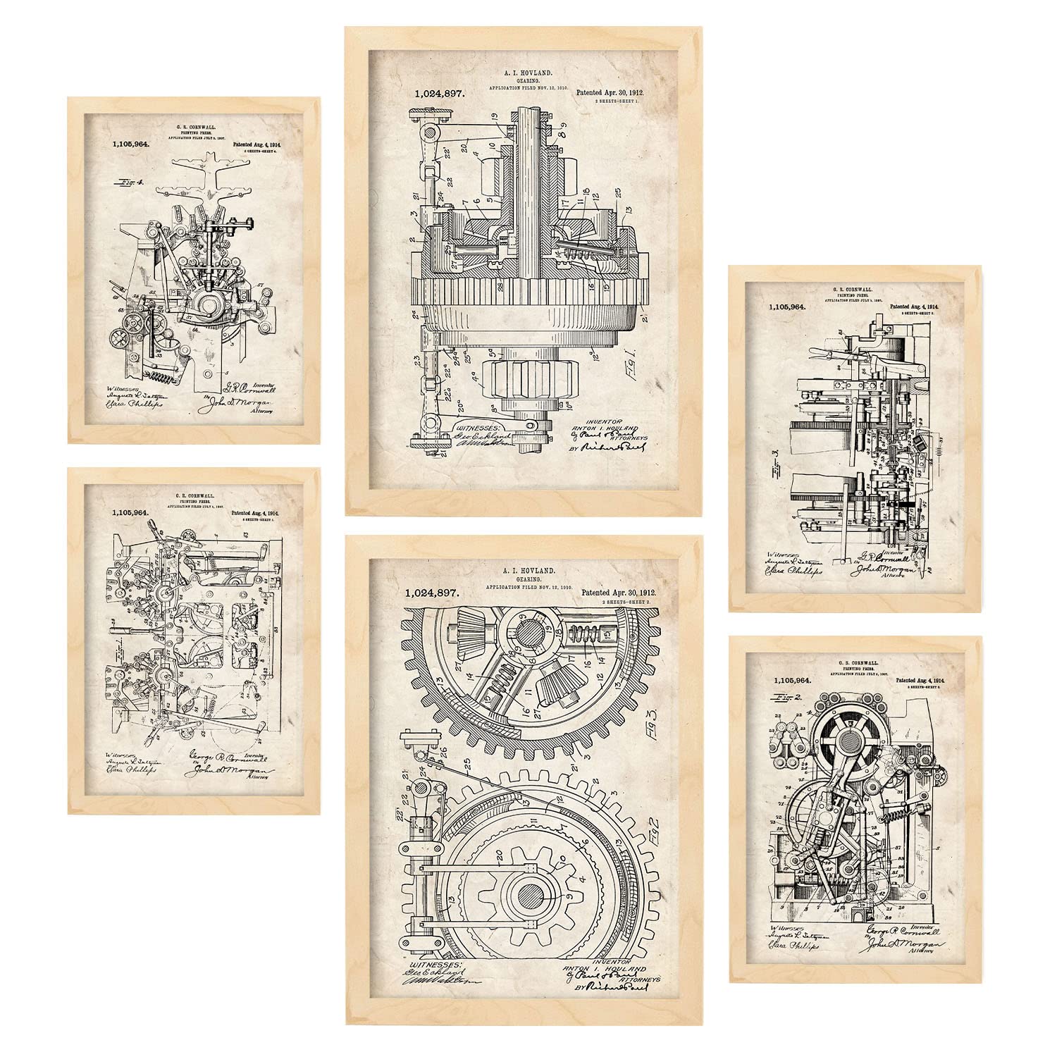 Nacnic Set of 6 Machine patent prints. Posters with retro patent illustrations for your home, shop, office... Vintage style interior decoration. A4 and A3 sizes. No frame.