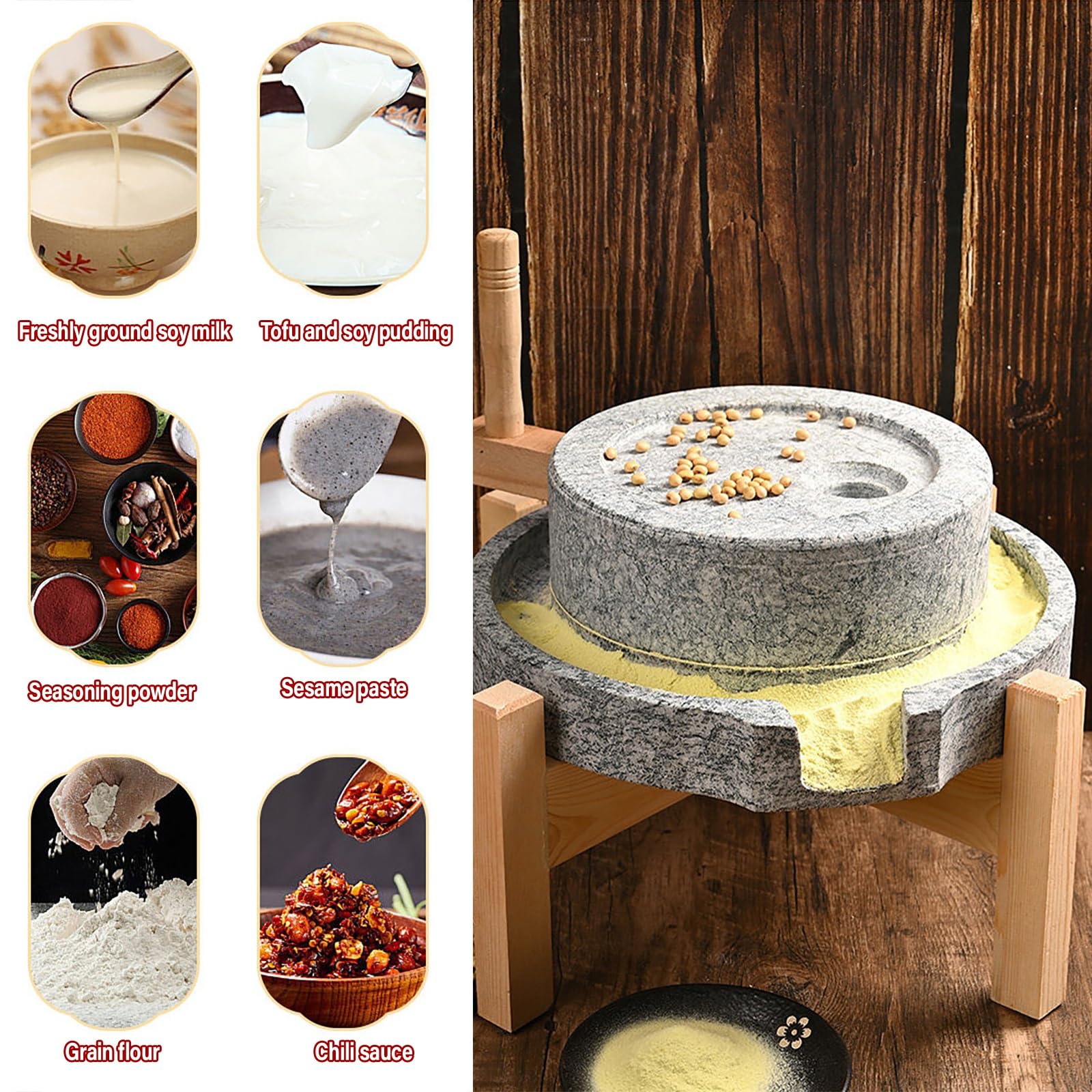 Stein Getreidemühle Handkurbel Grinder für Mehl, Weizen, Reis und Erdnüsse Naturstein mit Holzständer Haushalt Küchenwerkzeug