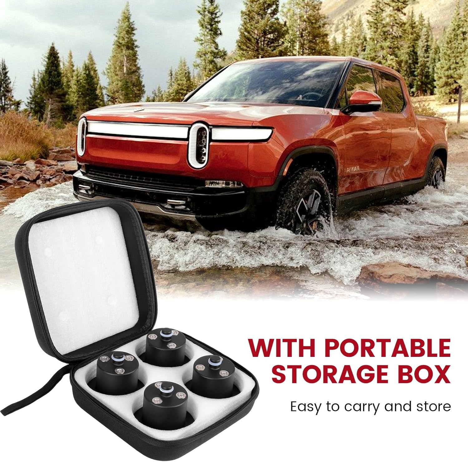 4 Pack Jack Pucks with Storage Case,Heavy Duty Floor Jack Lifting Jack Pad Lift Point Adapter Compatible with Rivian R1T R1S Accessories(Black,Magnetic Base Design)