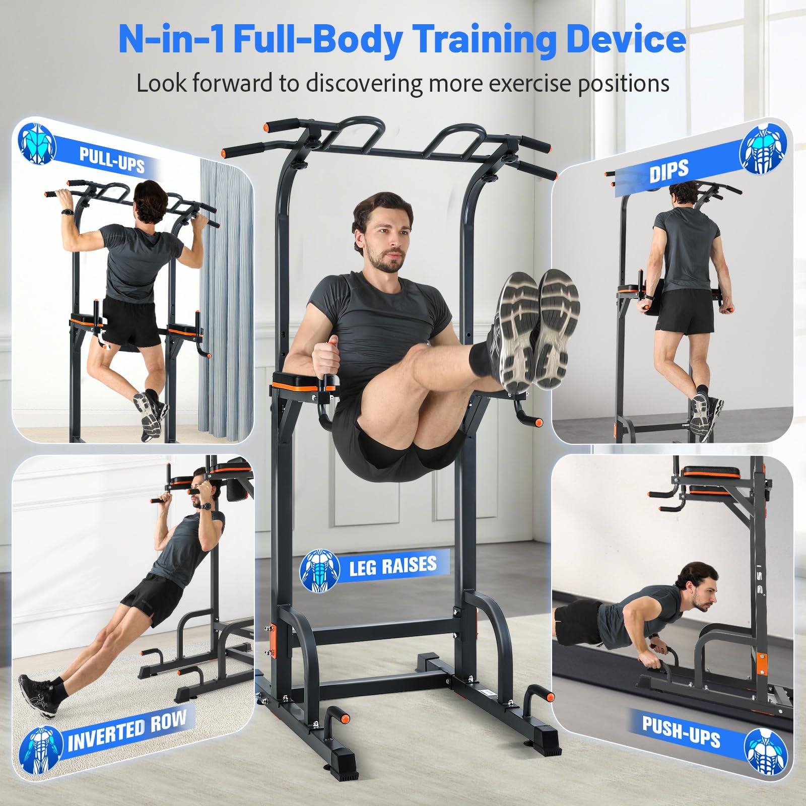 Tour De Musculation ISE Power Tower - Barre De Traction, Chaise Romaine, Dips, Abdos, Hauteur Réglable 192-228 Cm