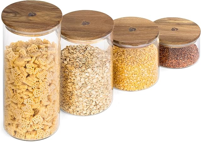Navaris Glass Storage Jars (Set of 4) - Airtight Food Containers with Wooden Acacia Lids - Stackable Cylinder Canister Design for Kitchen Dry Goods